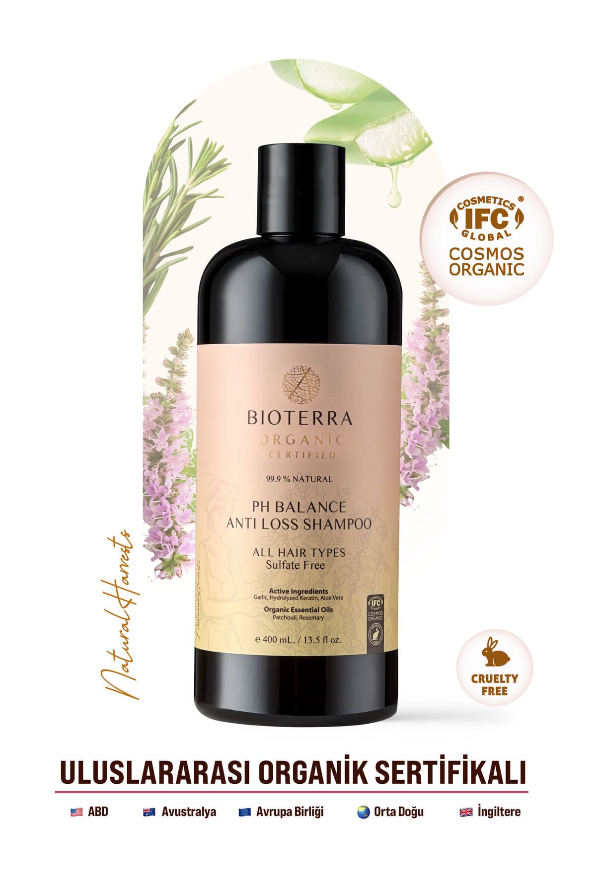 Bioterra Organik Sertifikalı pH Balance Dökülme Karşıtı Şampuan – Sarımsak, Keratin ve Aloe Vera Sülfatsız Bakım 400 ml | pH Balance Anti Loss Shampoo