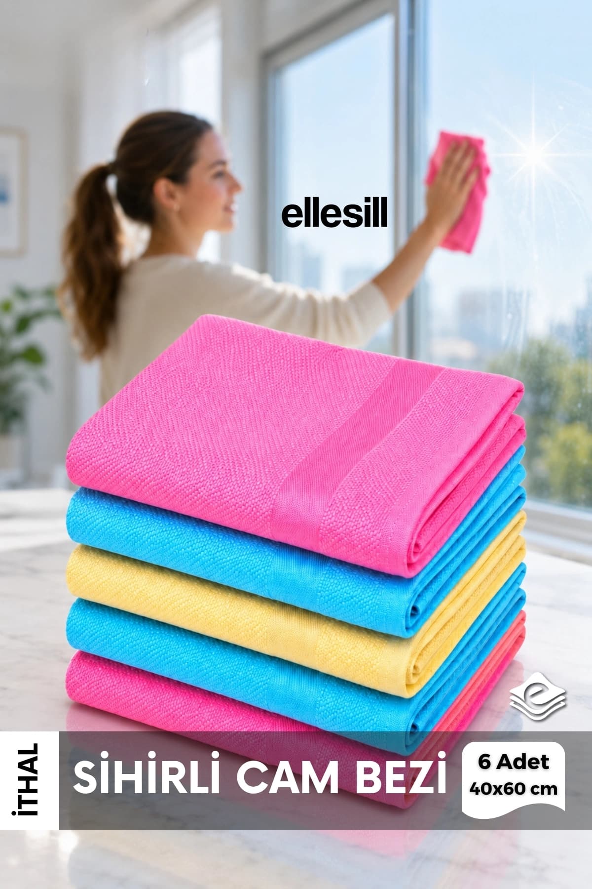 Ellesill 6'lı Mikrofiber Temizlik Bezi ve Cam Bezi 40x60 cm - (2 Paket)