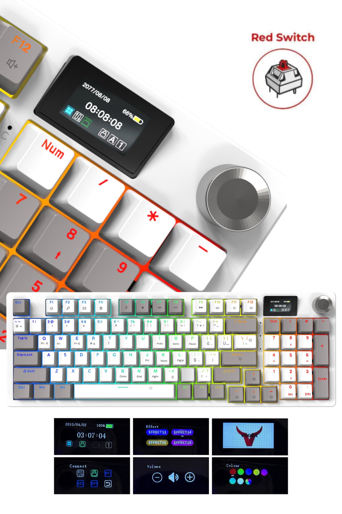 VOOKA TAARUZ KC1 RGB Kablosuz Mekanik Red Switch Oyuncu Klavyesi LCD Ekranlı Bluetooth 5.0+2.4G USB+Type-C Kablolu Bağlantı | Oyuncu Setup Klavye