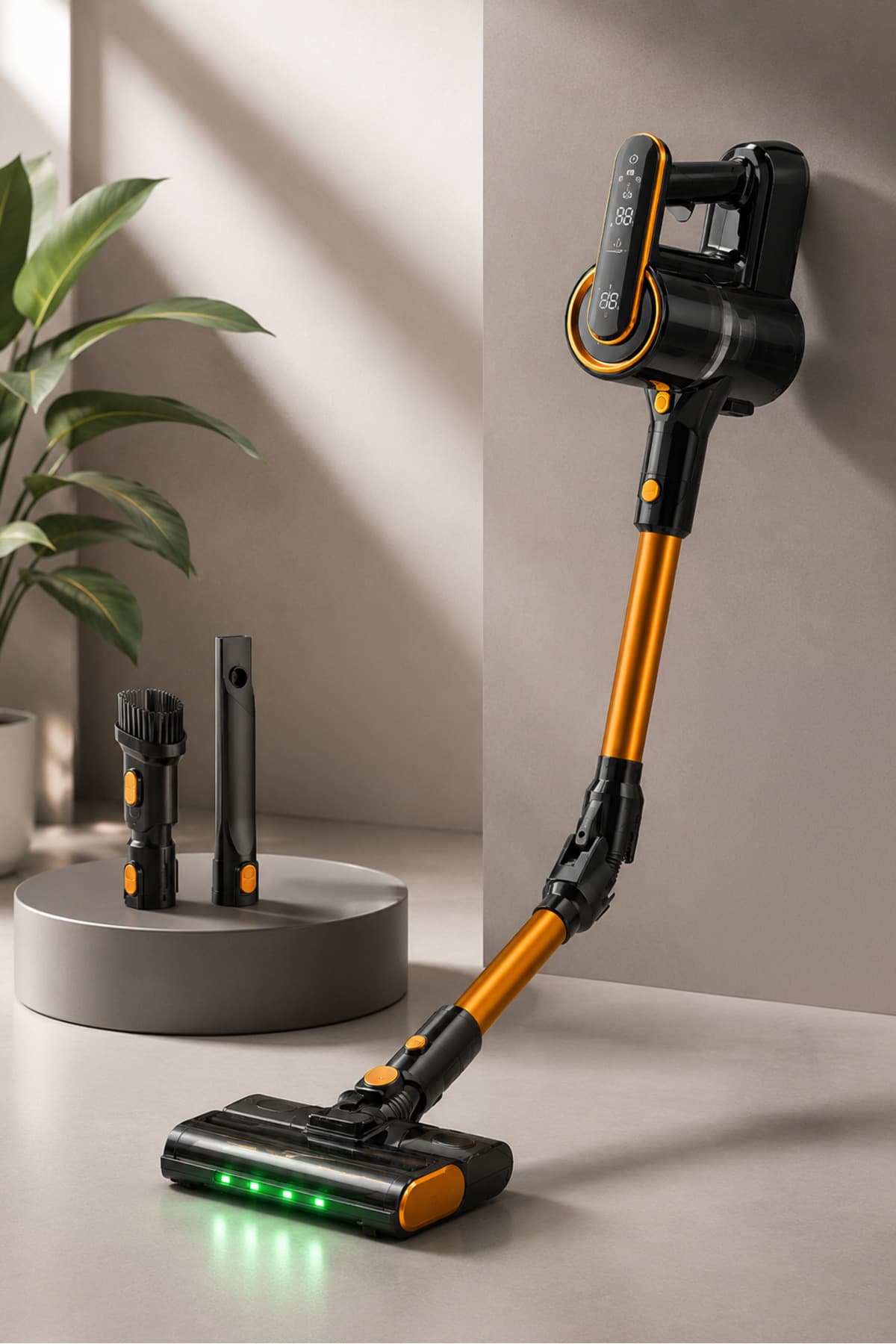ROBO Katlanabilir Şarjlı Dikey Süpürge – Islak Mop Başlıklı, LED Işıklı, 300W Güçlü Emiş, 180° Esnek Gövde Gold