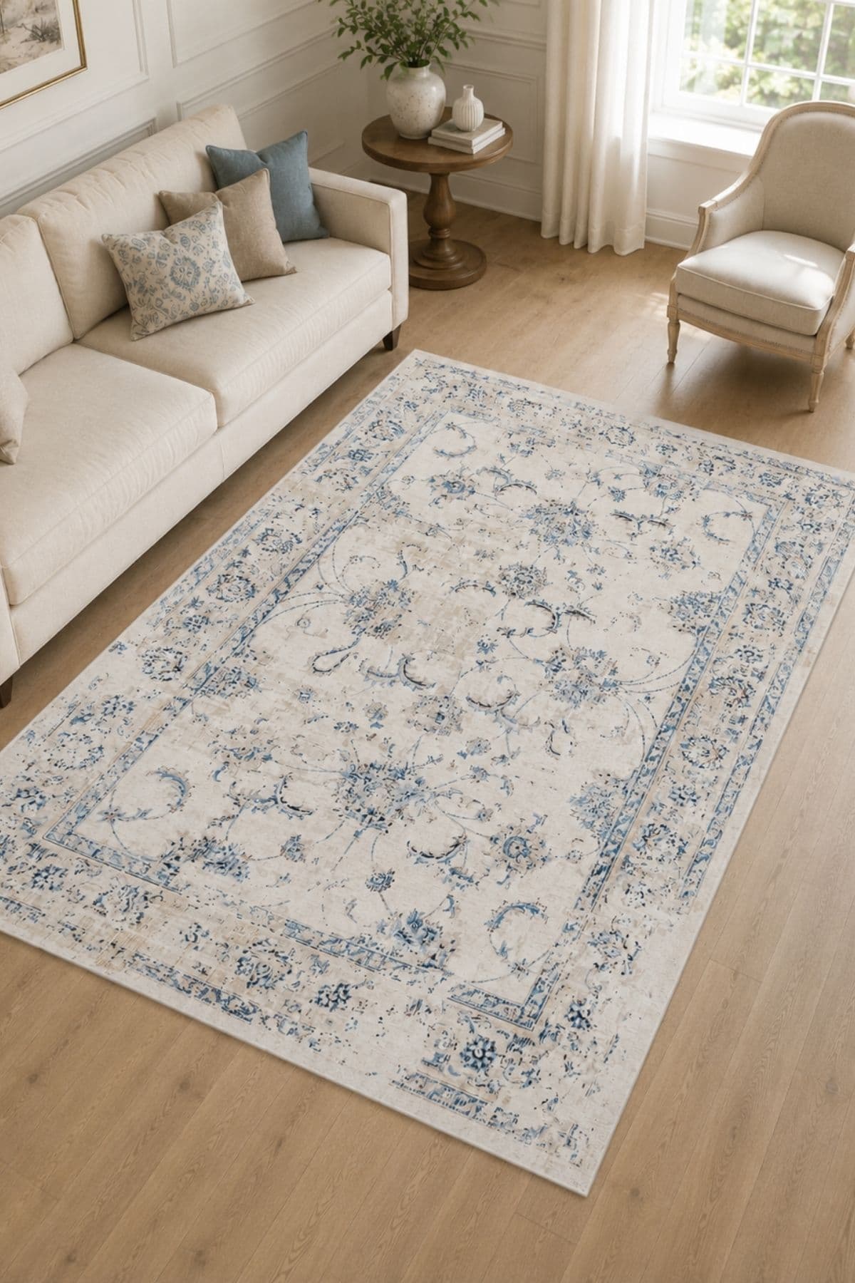 Serente Home Retro Desenli Yıkanabilir Kaymaz Taban Krem Mavi Şönil Mutfak Halısı 4066