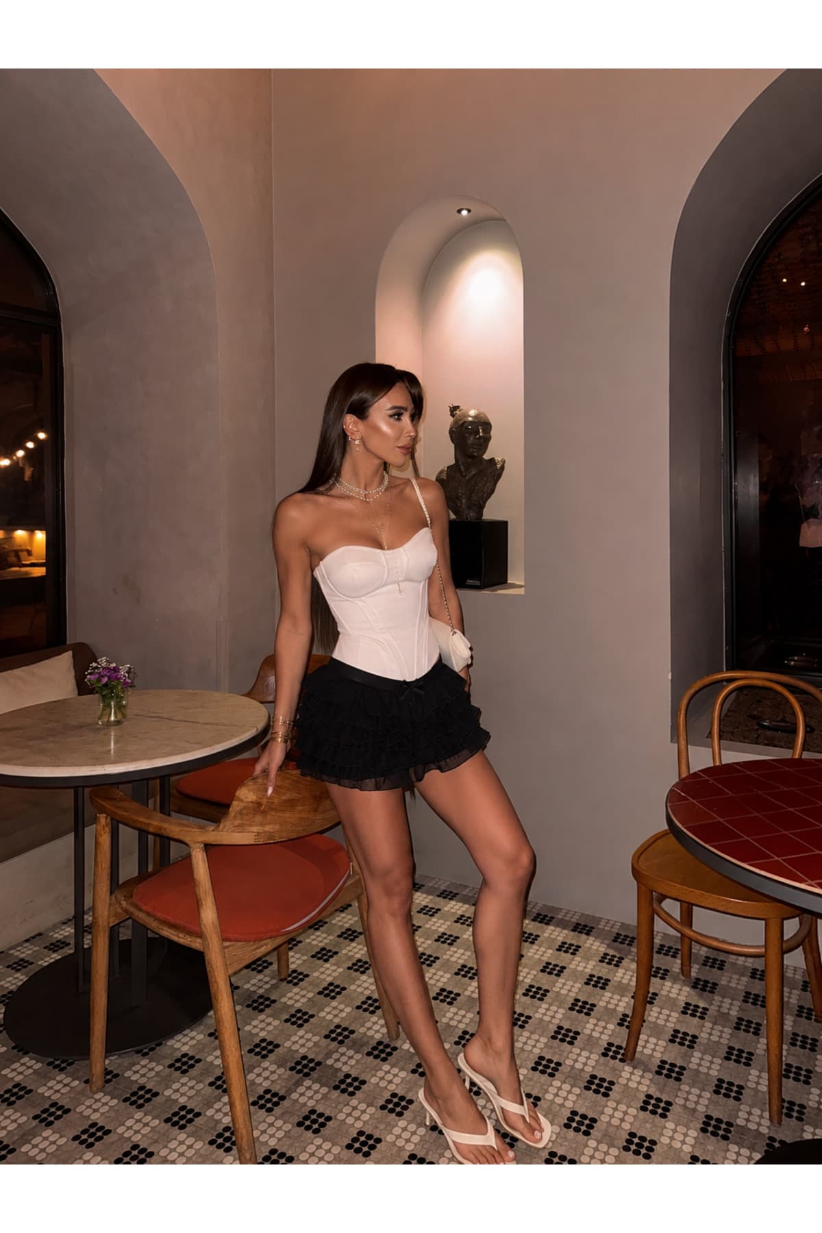 La Sarta Rummos Siyah Tül Fırfırlı Kısa Şort Etek