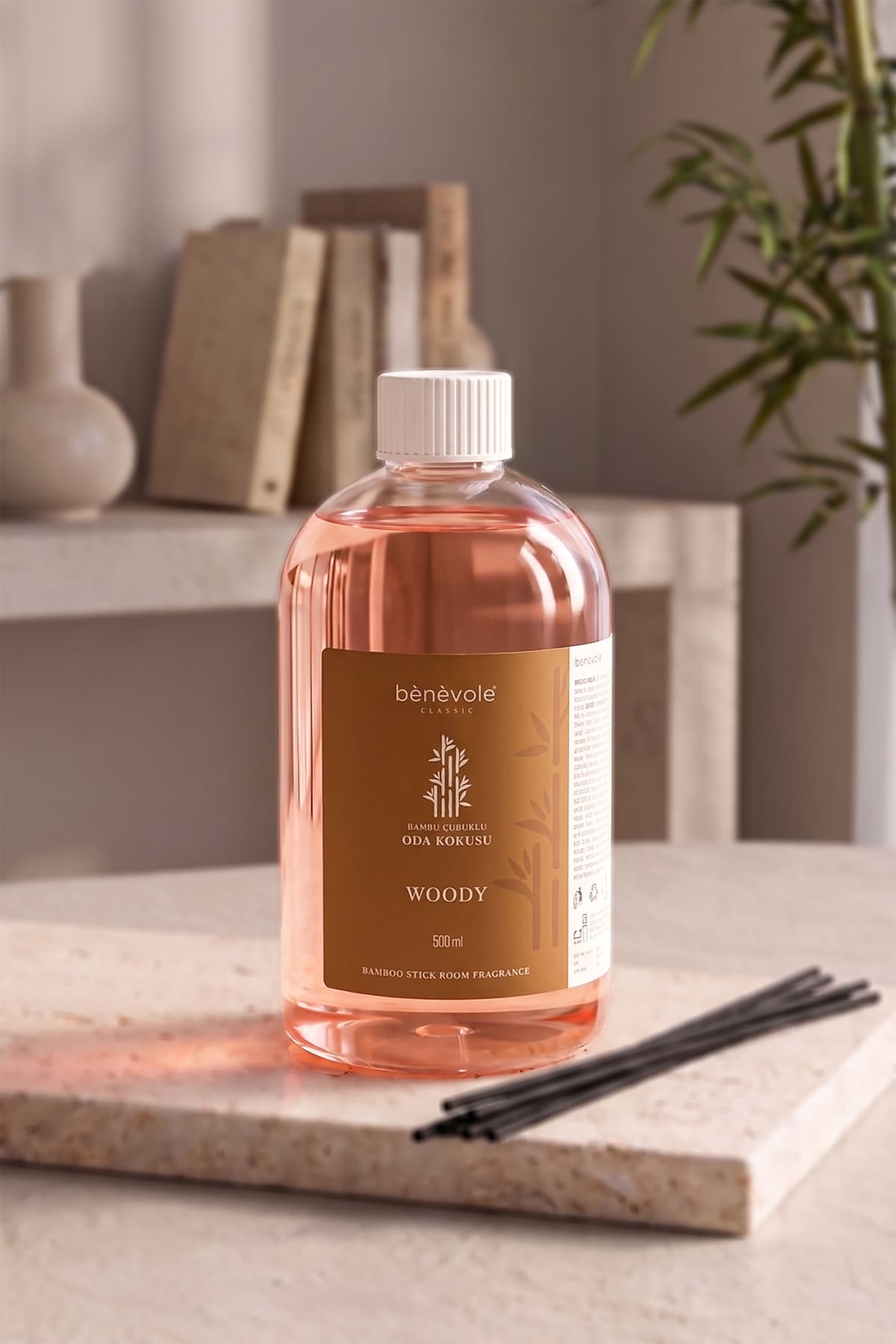 Benevole Woody Çubuklu Oda Kokusu Yedek Şişe | Yenileme Kiti | Ortam Kokusu | 10 Adet Bambu Çubuk Hediye | 500 ml