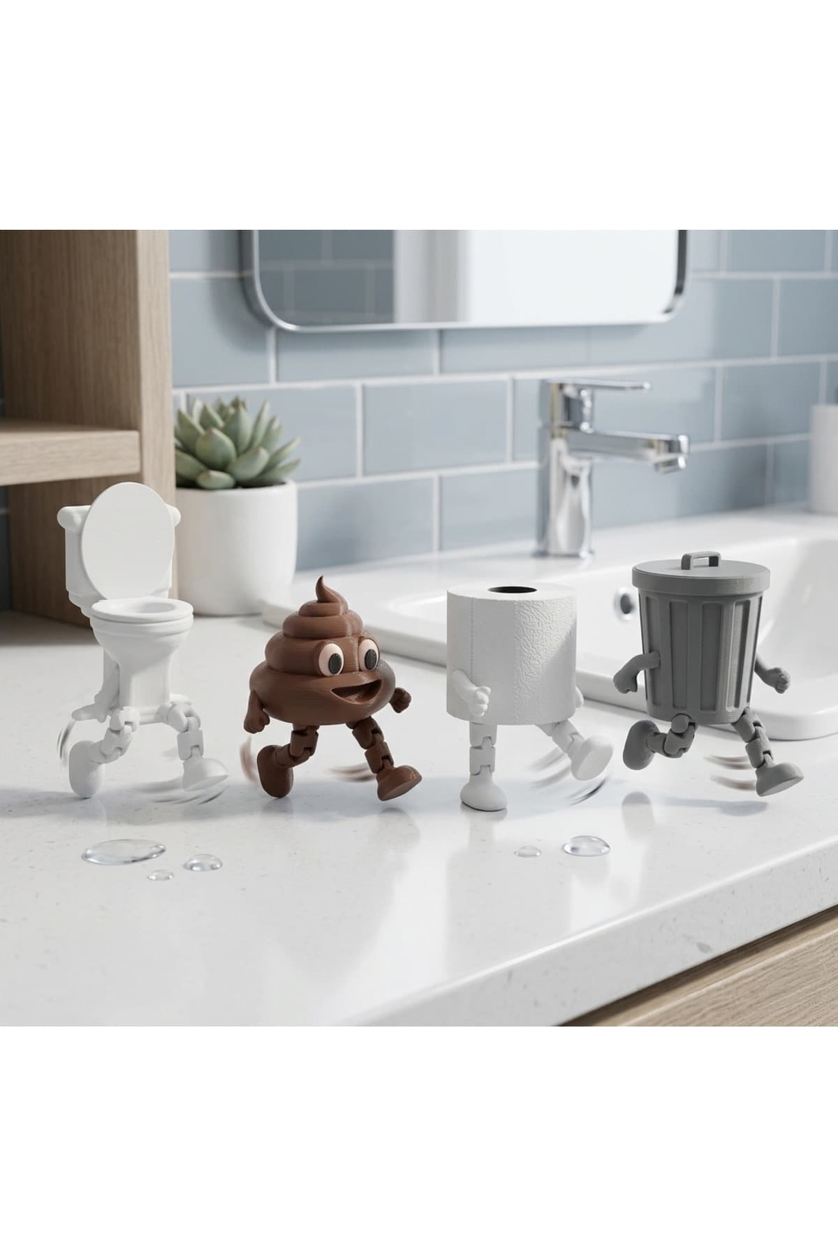 Genel Markalar 4'lü Eğlenceli Banyo Dekoratif Figür Seti /Tuvalet Kağıdı, Çöp Kovası, Kaka Emojisi ,Klozet Aksesuar