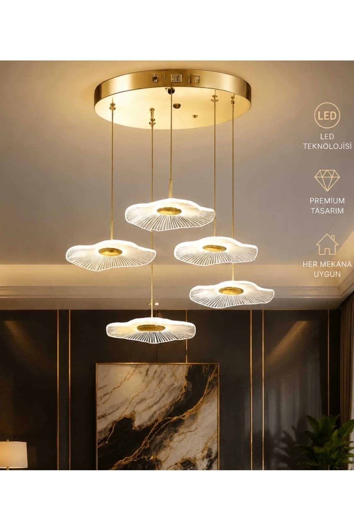 burenze Luxury Exclusive Beşli Yuvarlak Sarkıt Led Avize Jellyfish Gold Sarı Ledli Avize