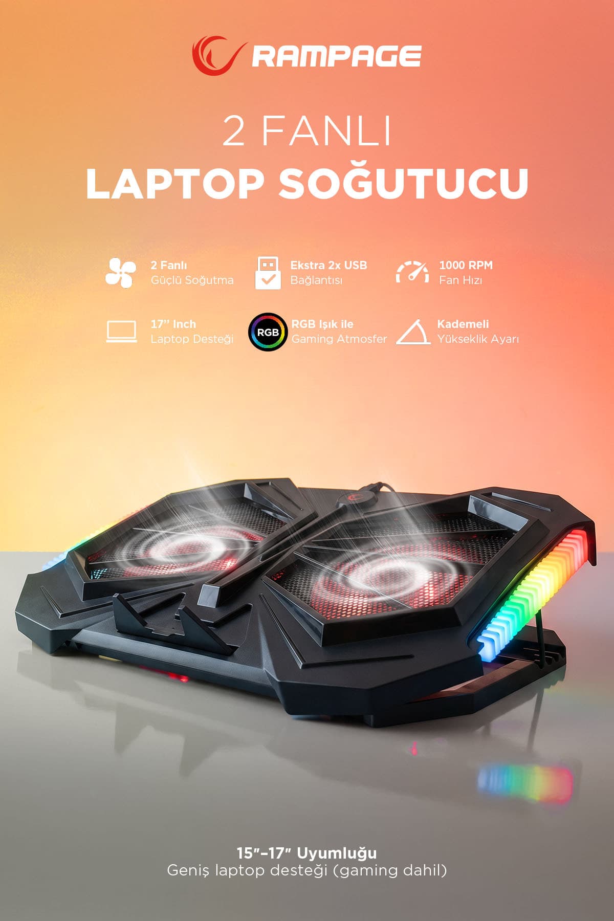 Rampage Ad-rc11 Spider Çift Fanlı 15 17" Rgb Yükselik Ayarlı Laptop Soğutucu Stand