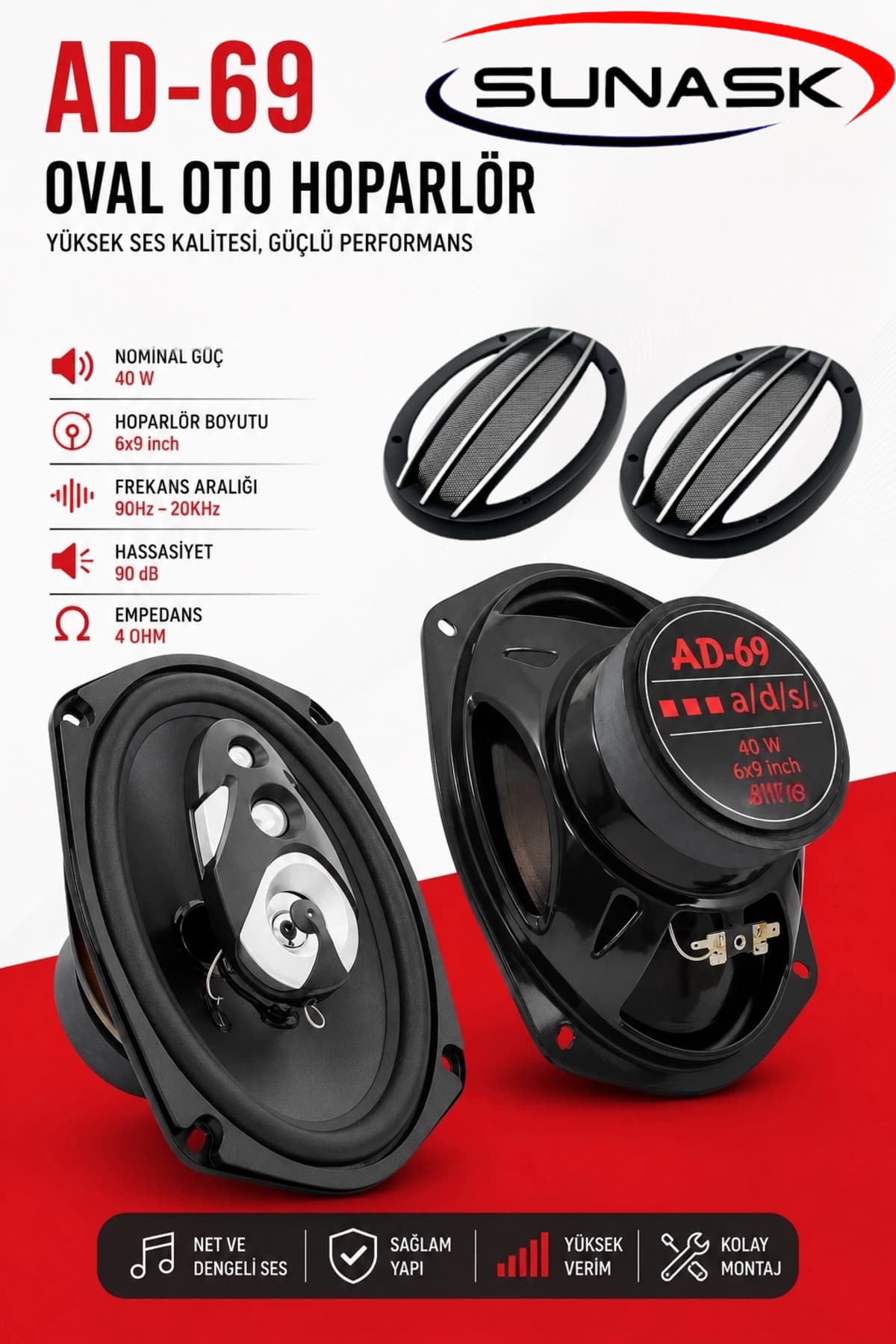 Sunask Sn-6369 940 Watt Tweeter’li Uyumlu Oto Oval Hoparlör Modeli 2 Adet Kapaklı