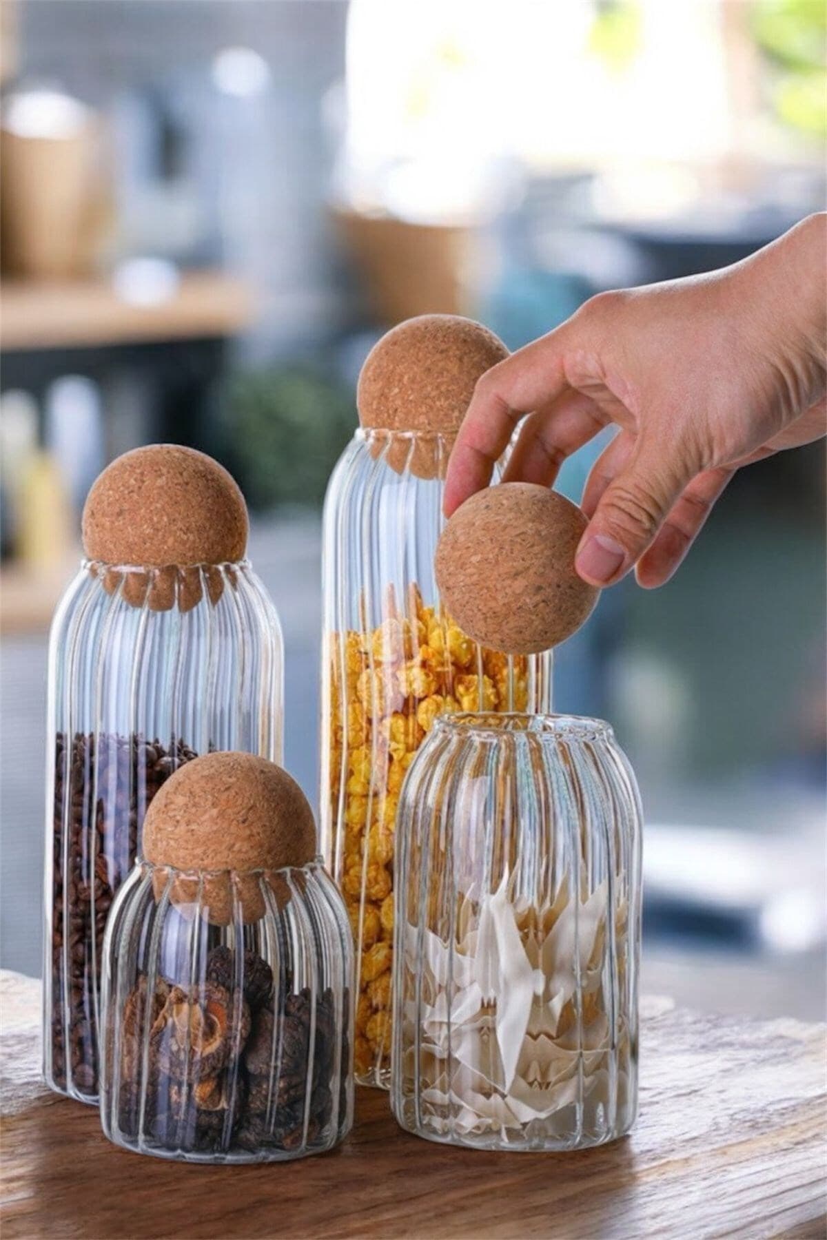 LeylArt Top Mantar Kapaklı Çizgili Desen Kavanoz 4lü set (500-700-1000-1250 ml)