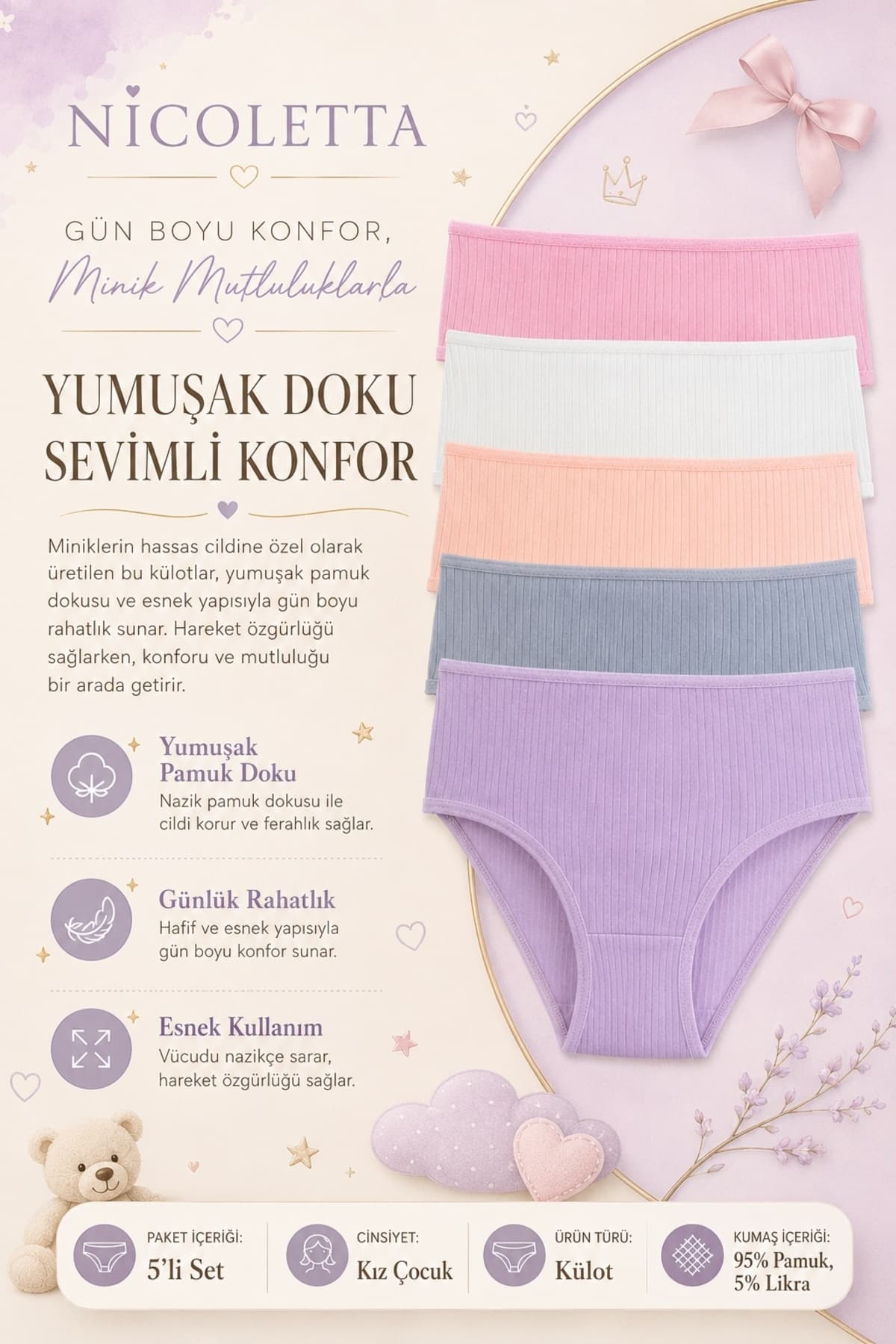 Nicoletta Kız Çocuk Külot 5 li Paket Likralı Fitilli Pamuklu Kaşkorse Garson LİLA