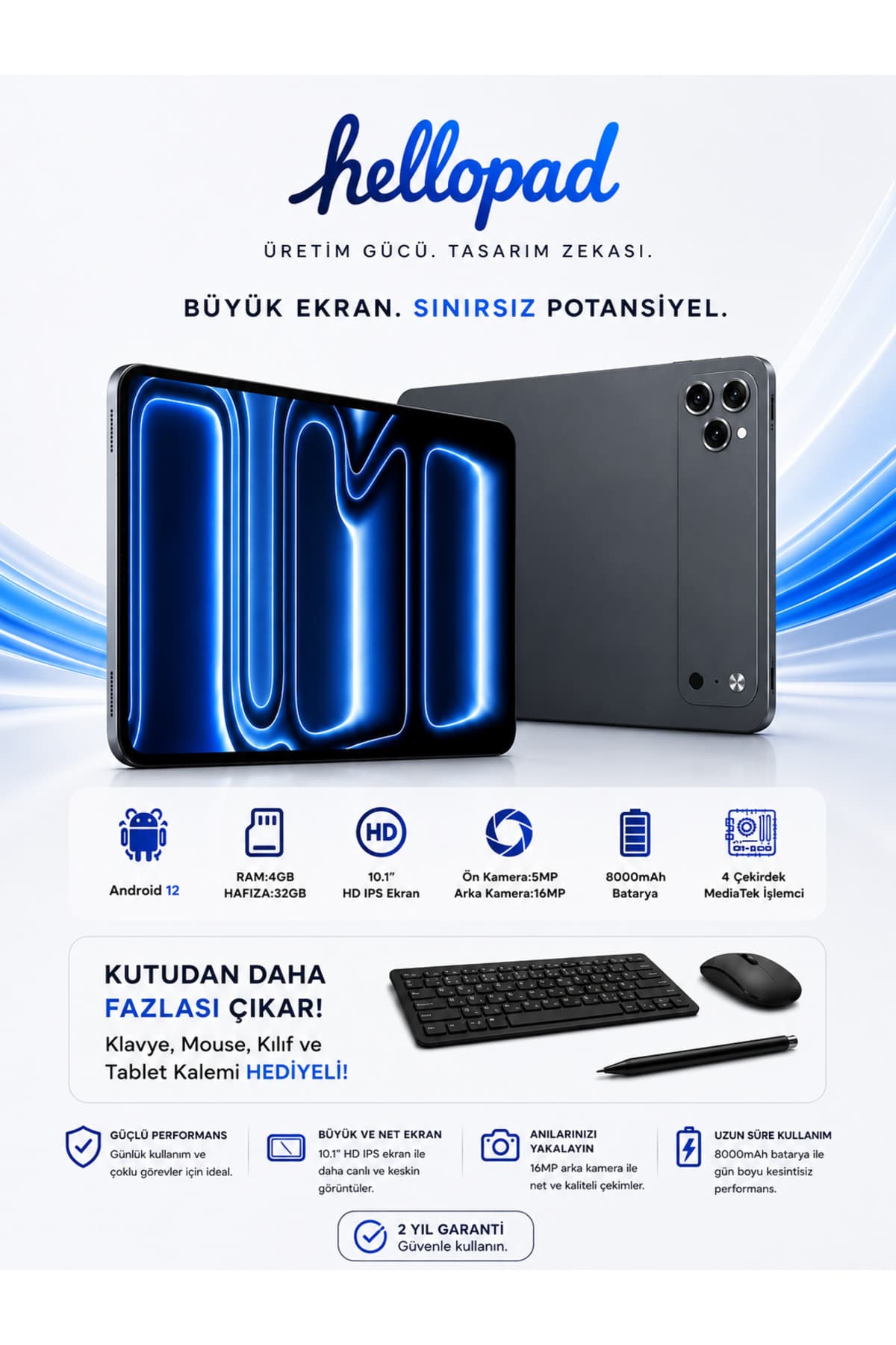 TARÇIN Teknomie Tab 4GB RAM 32GB Hafıza Klavyeli Kılıf + Bluetooth Mouse Hediyeli