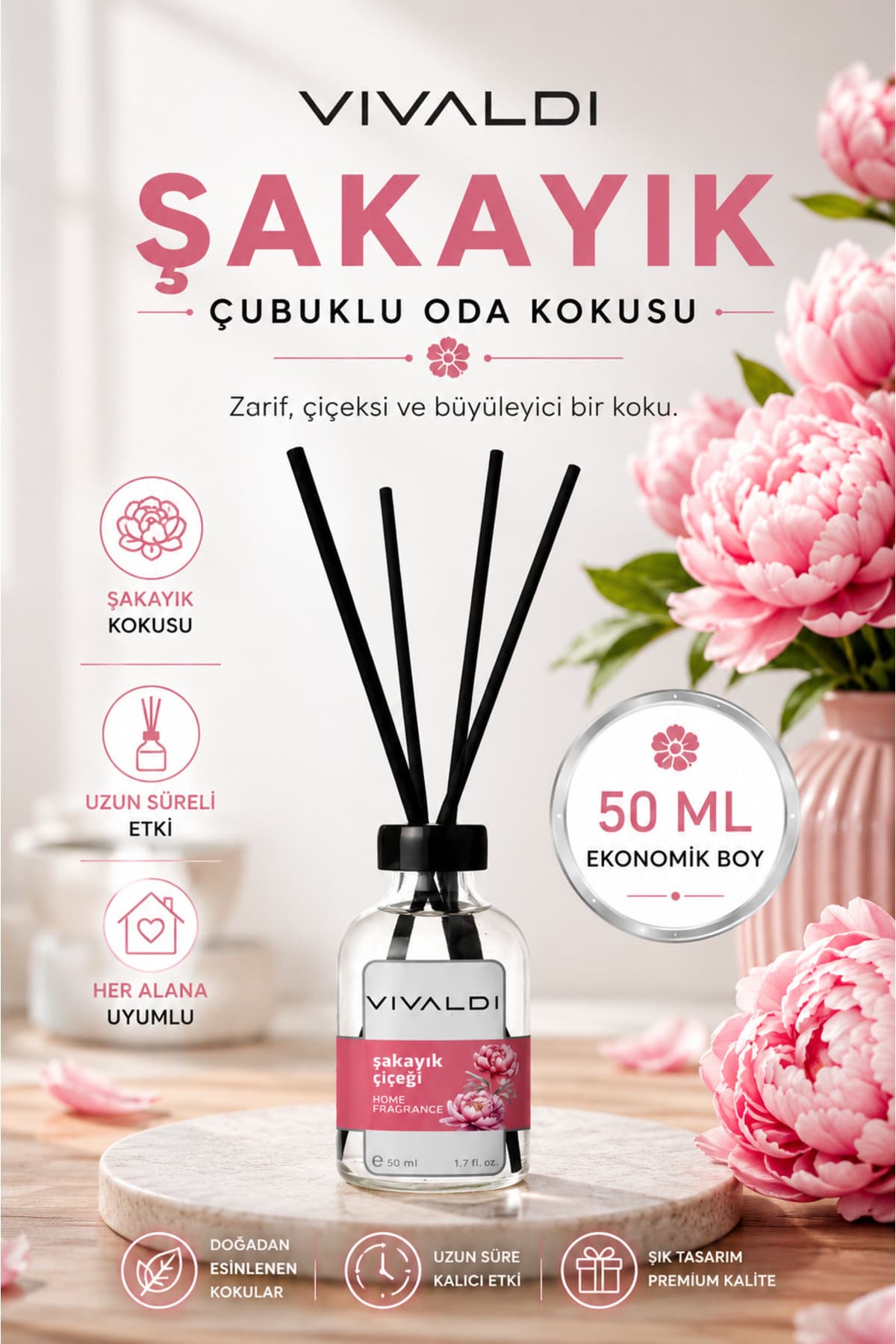 Vivaldi Home Şakayık Çiçeği Çubuklu Oda Kokusu 50 ml – Çiçeksi ve Ferah Koku