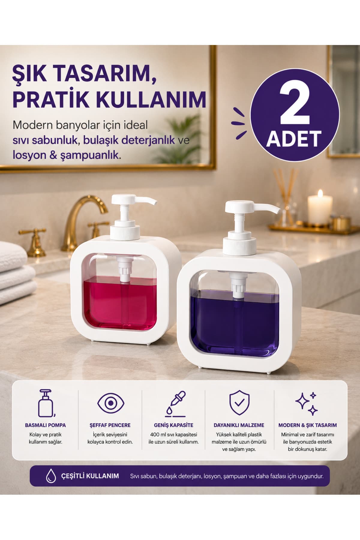 MİMOZA PARK 2 Adet Tezgah Üstü 400 ml Banyo Mutfak Sıvı Sabunluk | Banyo Mutfak Bulaşık Lavabo Deterjanlık