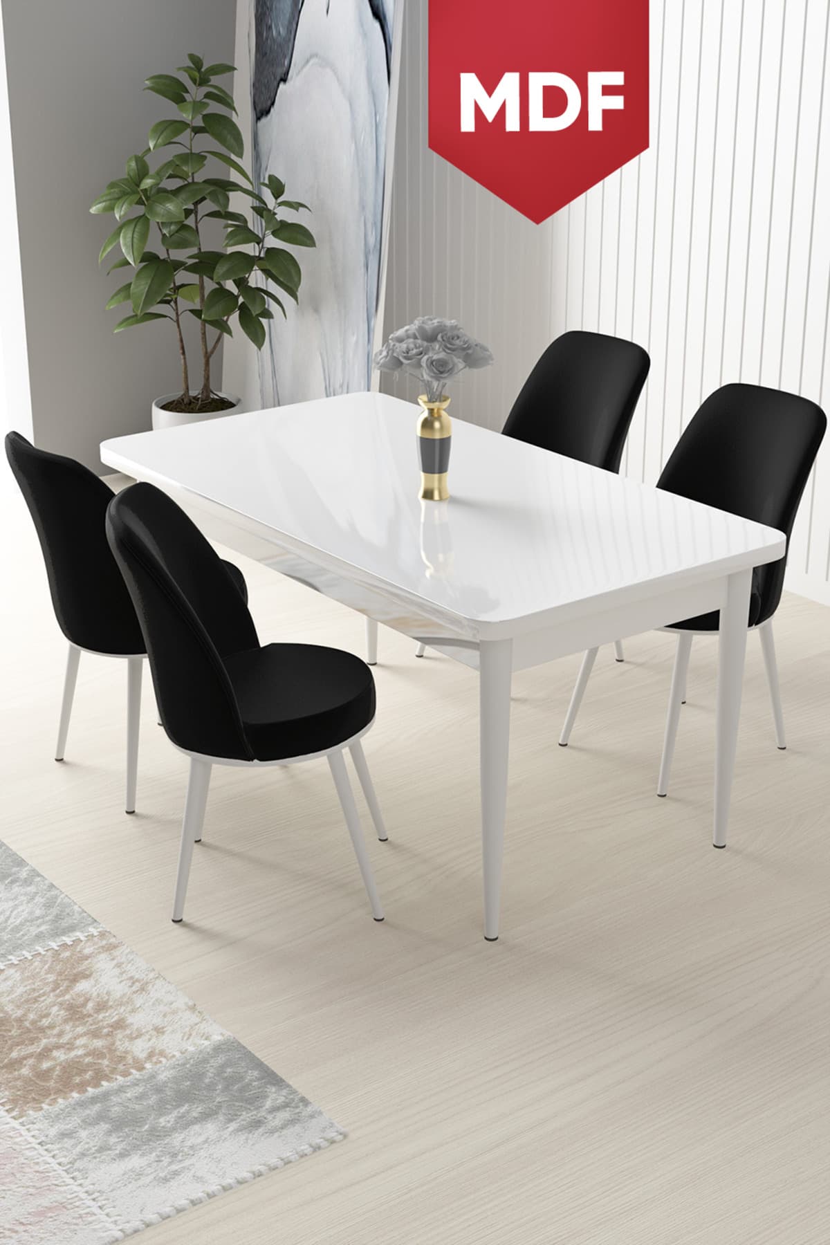 Canisa Concept Nil Serisi, 71x110 Sabit Mutfak Masa Takımı,beyaz Masa 4 Siyah Sandalye