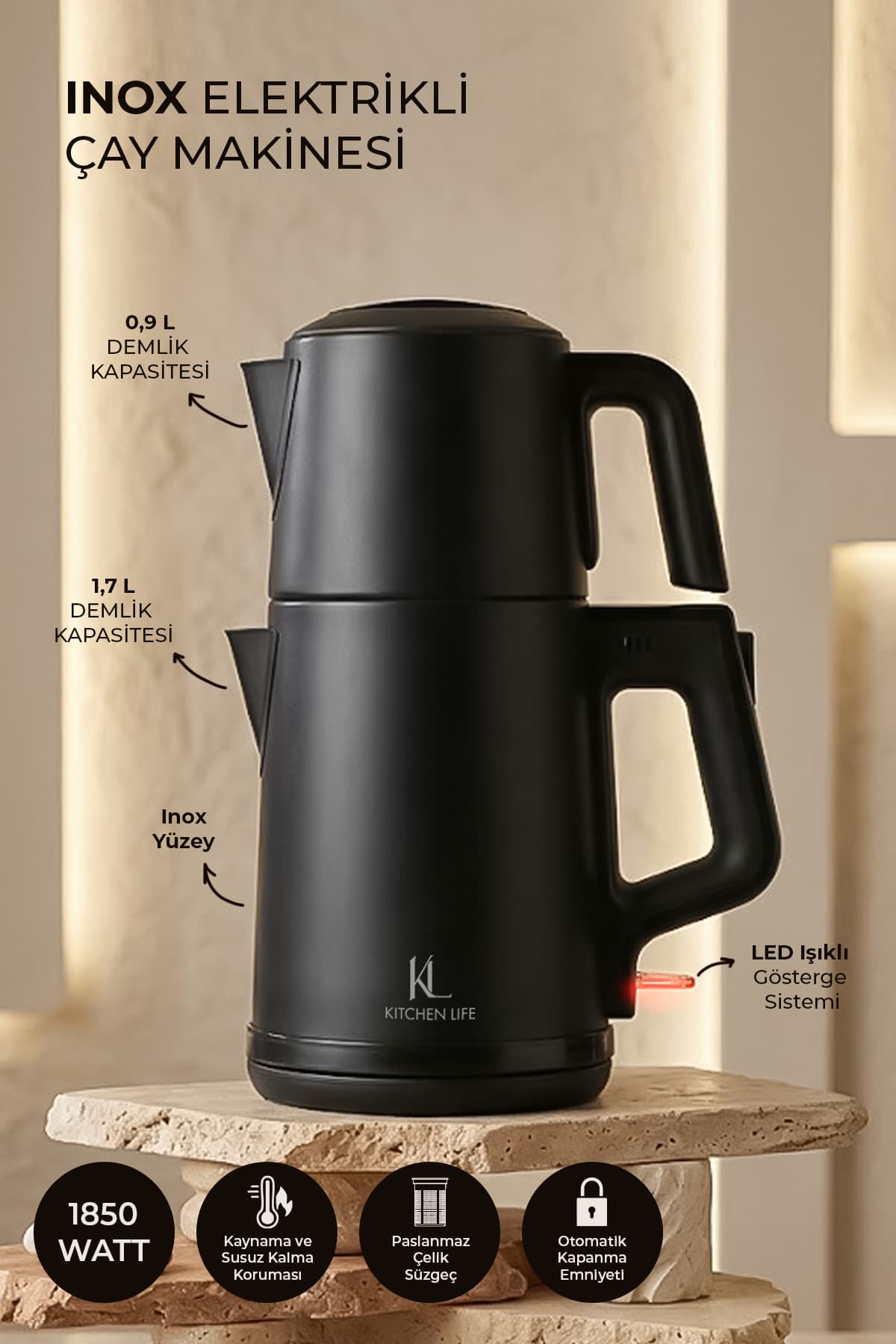 Kitchen Life Demzade Paslanmaz Çelik İnox Elektrikli Çay Makinesi Alt 1,7 LT Üst 0,9 LT 1850-2200 W Kettle Çaycı Çay Seti