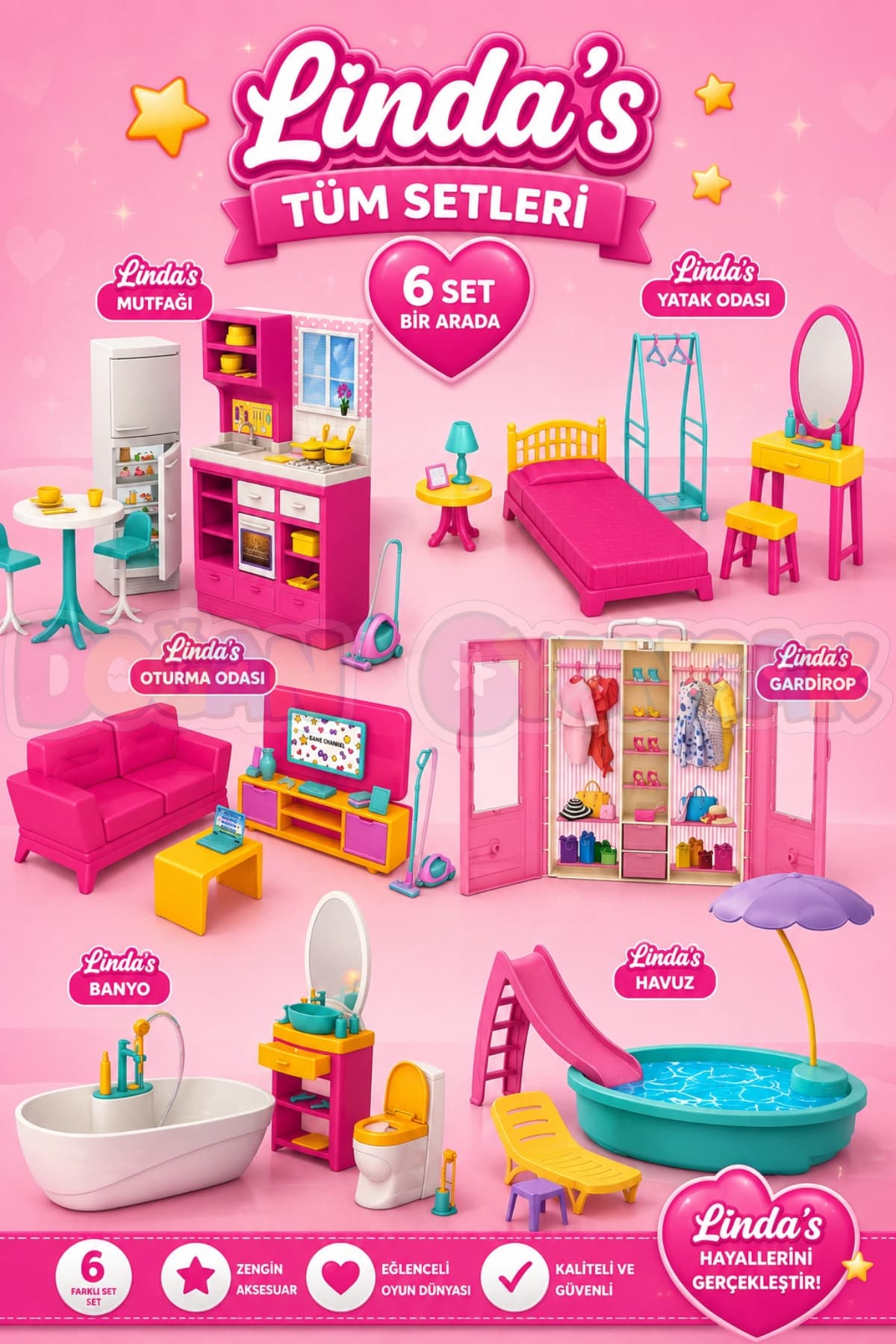 Doğan Oyuncak Dünyası Linda'nın Tüm Setleri - Ev Setleri - Barbie Ev Seti - Tatil Evi - Ev Eşyaları - Evcilik Seti - Linda