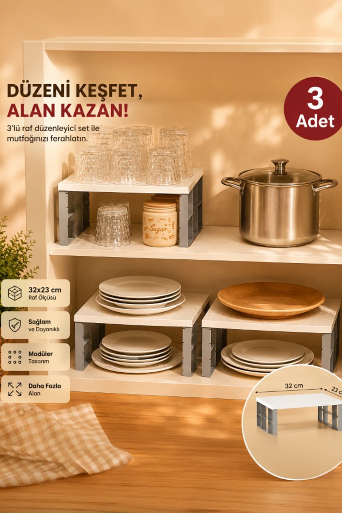 Porsima Org-01 - Dayanıklı Plastik 3lü Raf Düzenleyici - Dolap Içi Düzenleyici Raf - Tabak Bardak Rafı Organizers