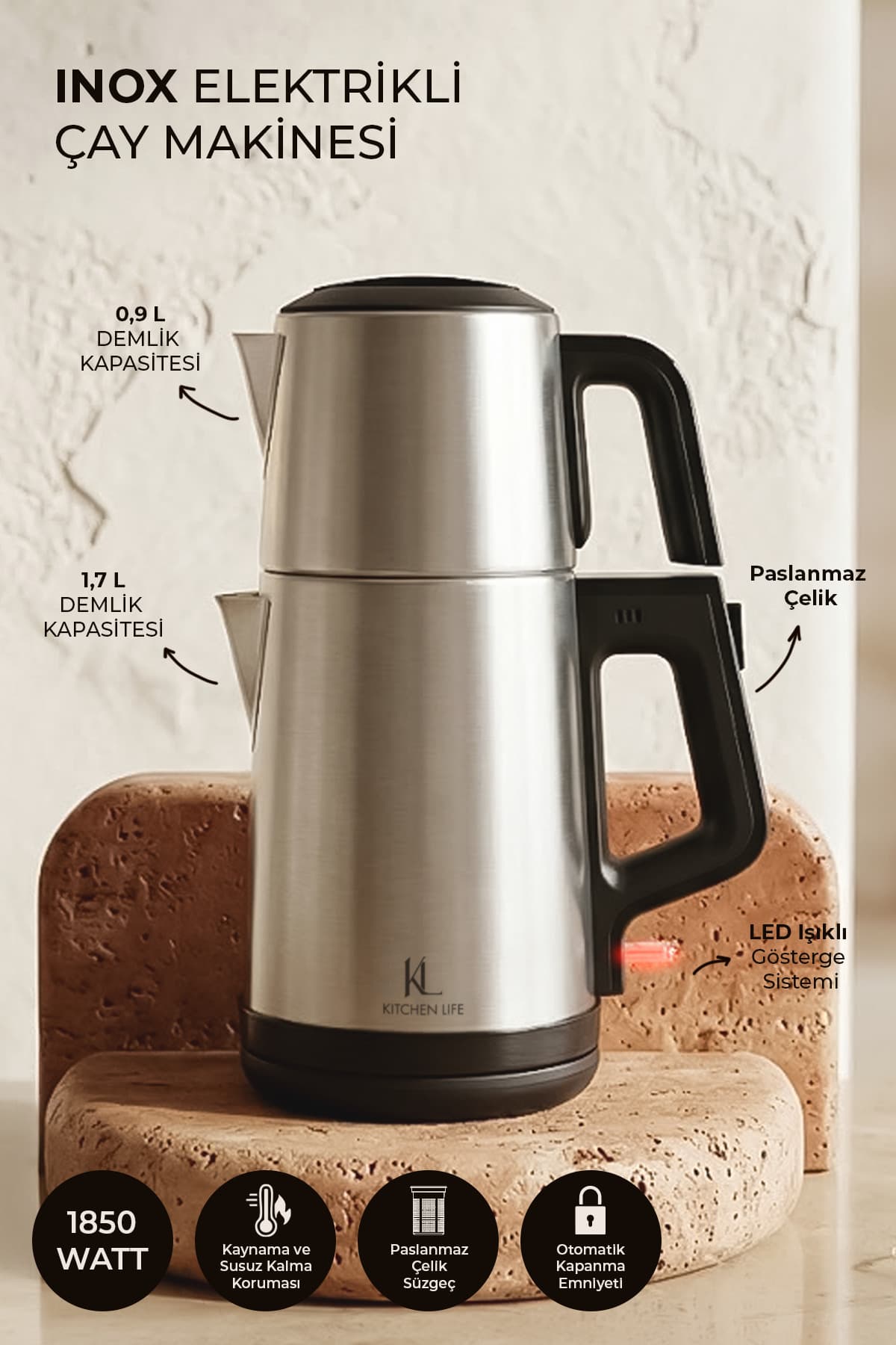 Kitchen Life Demzade Paslanmaz Çelik İnox Elektrikli Çay Makinesi Alt 1,7 LT Üst 0,9 LT 850-2200 W Kettle Çaycı Çay Seti
