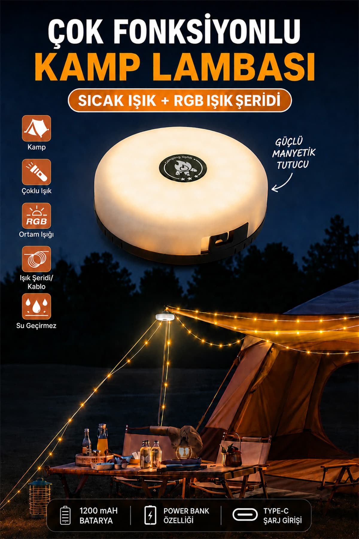 Neo Vista 1200 mAh Bataryalı Çok Fonksiyonlu Kamp Lambası ve 10 Metre RGB Işık Şeridi