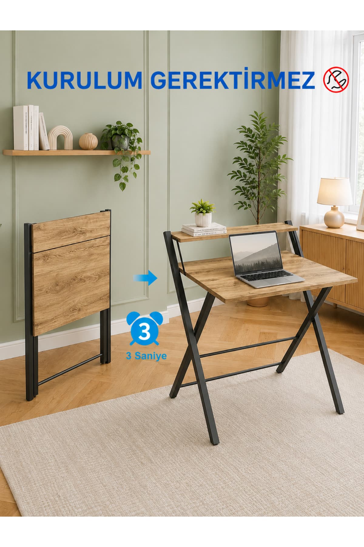 AYZ Katlanır Çalışma Masası Raflı Laptop Masası Bilgisayar Masası Küçük Çalışma Masası Çocuk Öğrenci Ders Masası Bodo Çam Siyah