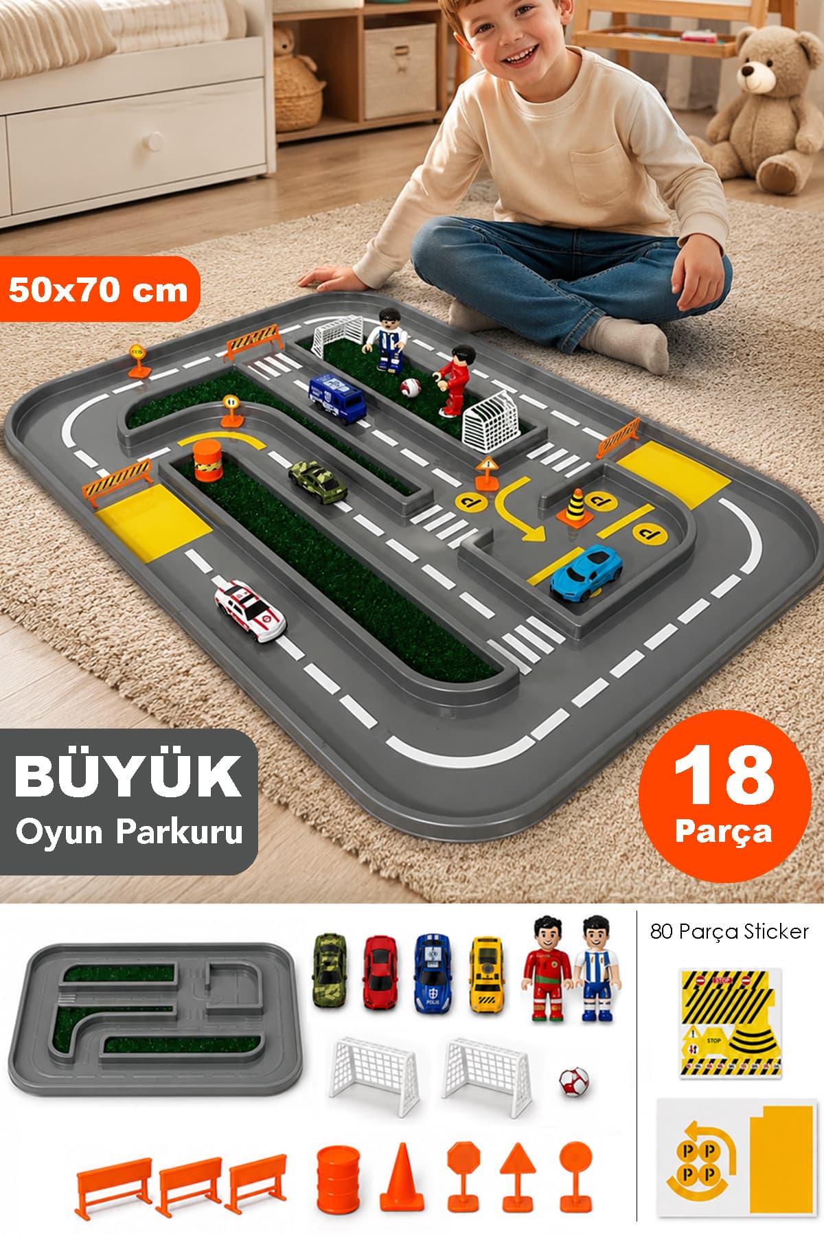 Meleni Toys 18 Parça Arabalı Set - Trafik ve Futbol Temalı 80 Parça Sticker Araba ve İnsan Figürlü Oyun Parkuru