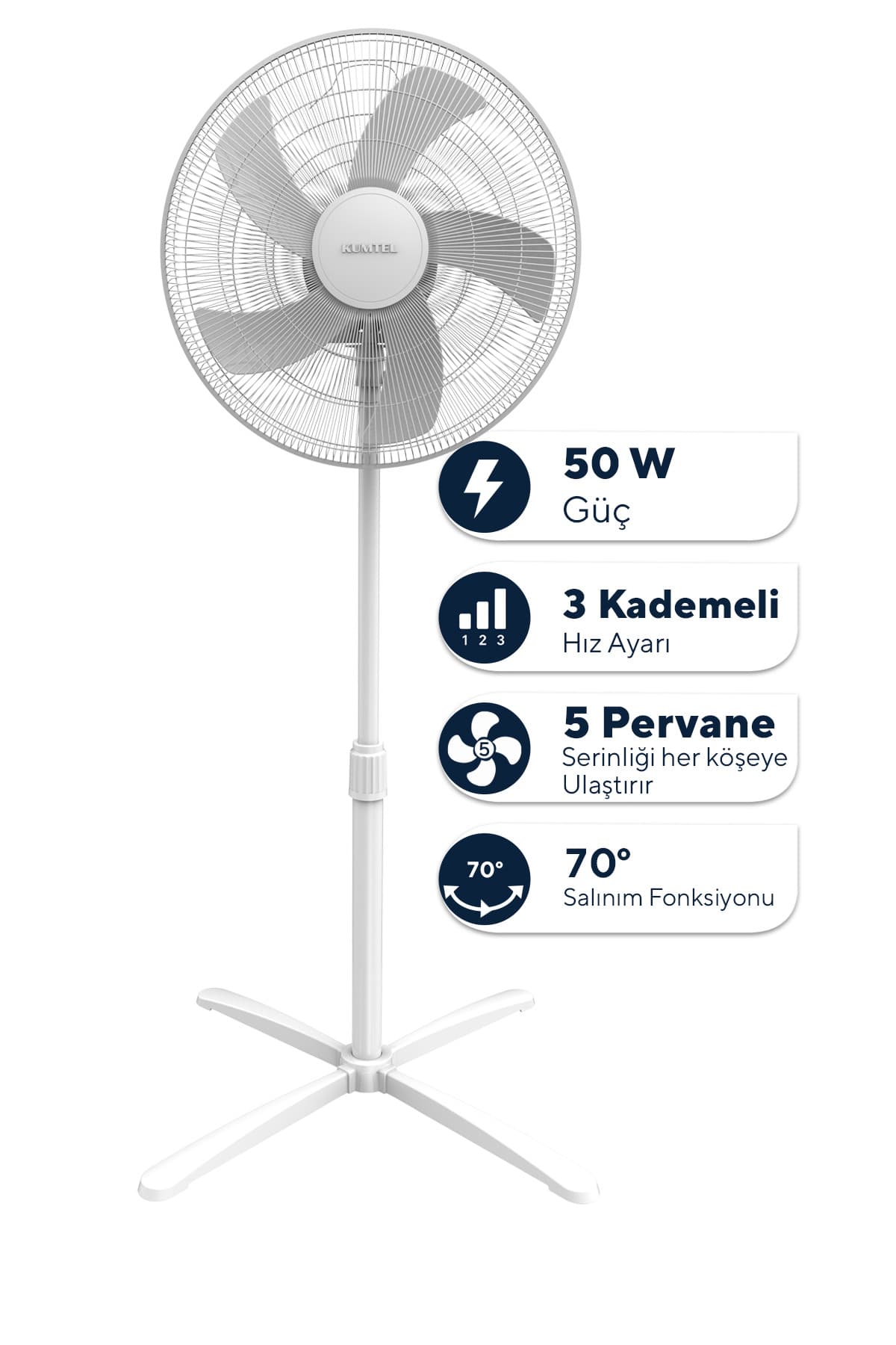KUMTEL KTF-355 Beyaz 16 inç Ayaklı Vantilatör 50 W, 5 Pervaneli, 3 Kademeli, 121 cm Yükseklik