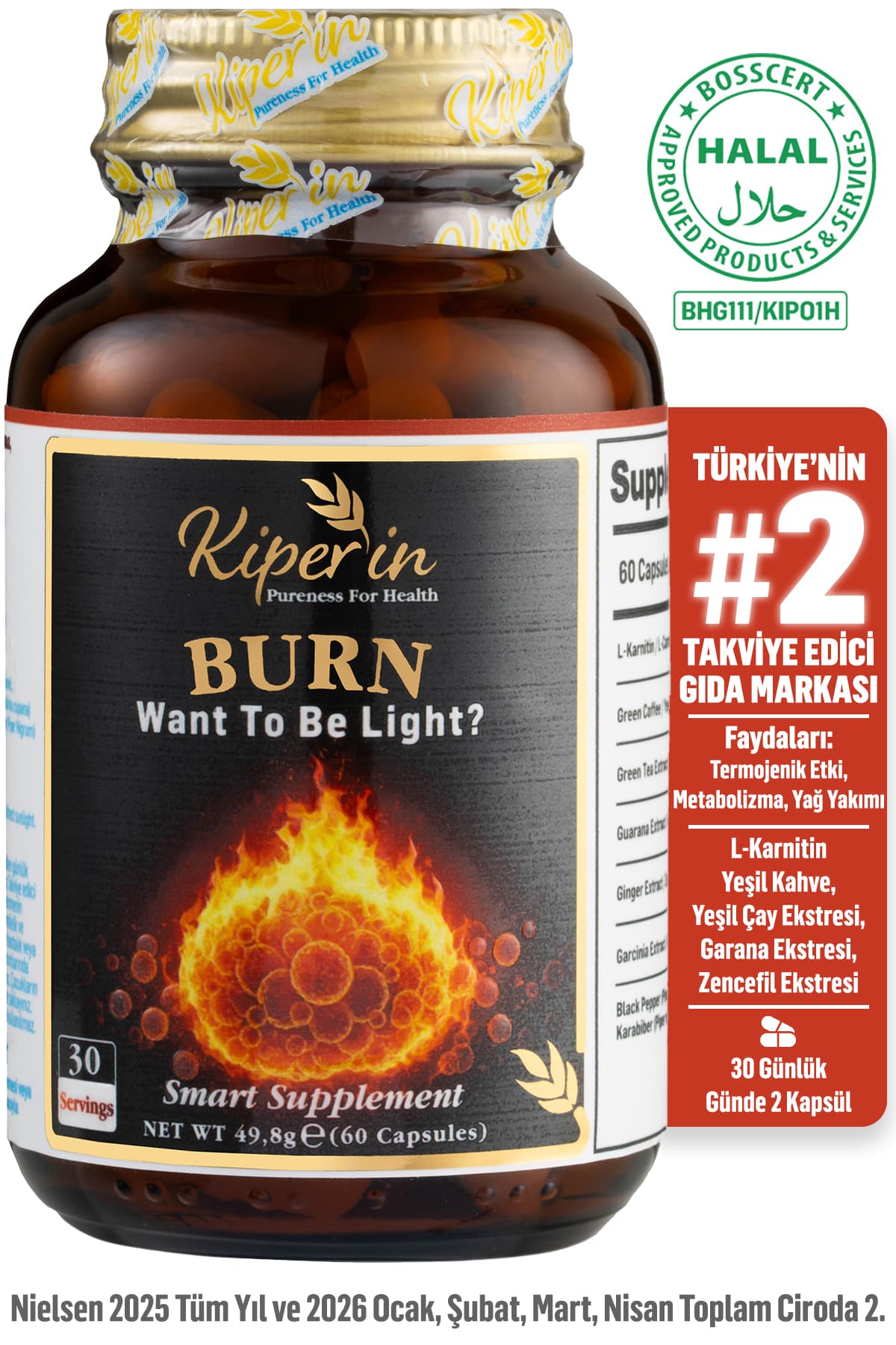 Kiperin Burn | L-Karnitin, Yeşil Çay, Guarana, Zencefil, Garsiniya, Kafein.. | 60 Kapsül