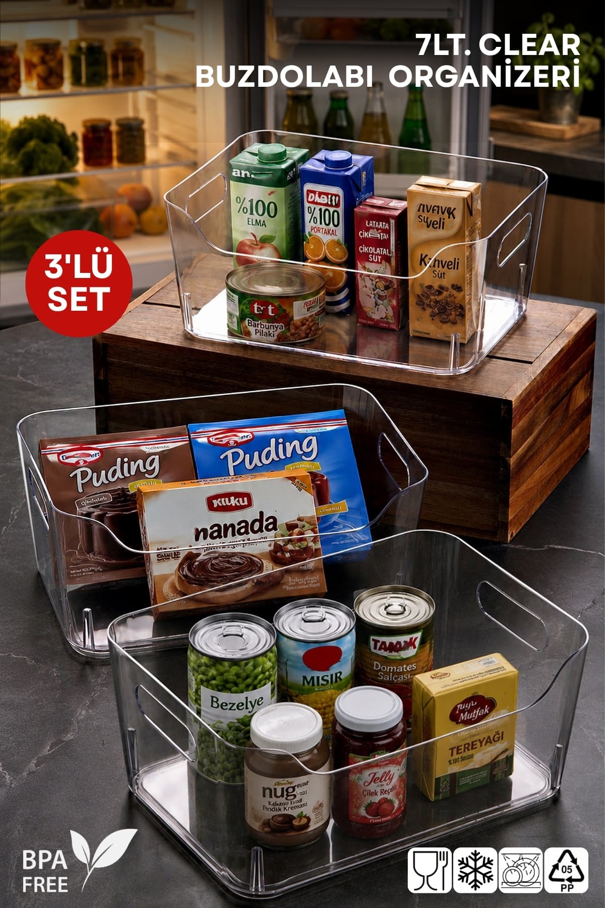 Nandy Home 7 Lt Clear Buzdolabı & Dolap Içi Düzenleyici Organizer 3 Adet 30,5x21,5x12,5 Cm