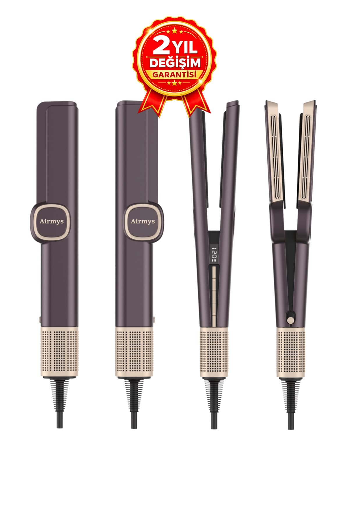 Airmys Hairstrait Hava Üflemeli Saç Düzleştirici, Saç Şekillendirici, Fön Makinesi, Saç Maşası - Mürdüm Gold
