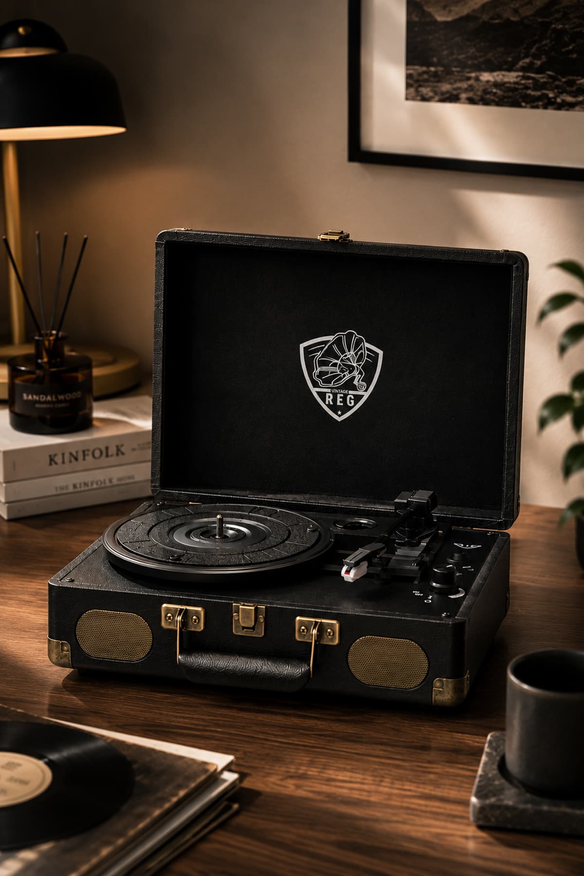 REG Vintage 102B Plus Plak Çalar Şarjlı Bluetooth Dahili Hoparlörlü Metal İğneli Siyah