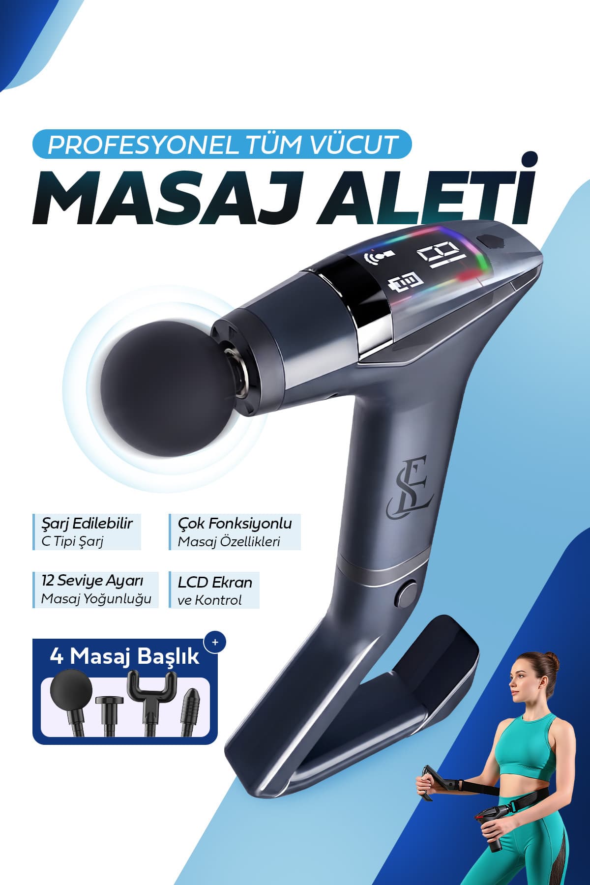 Mega Plus Yeni Nesil Profesyonel Lcd Göstergeli Şarjlı Tüm Vucut Masaj Tabancası Çok Fonksiyon Fıtness Masajı