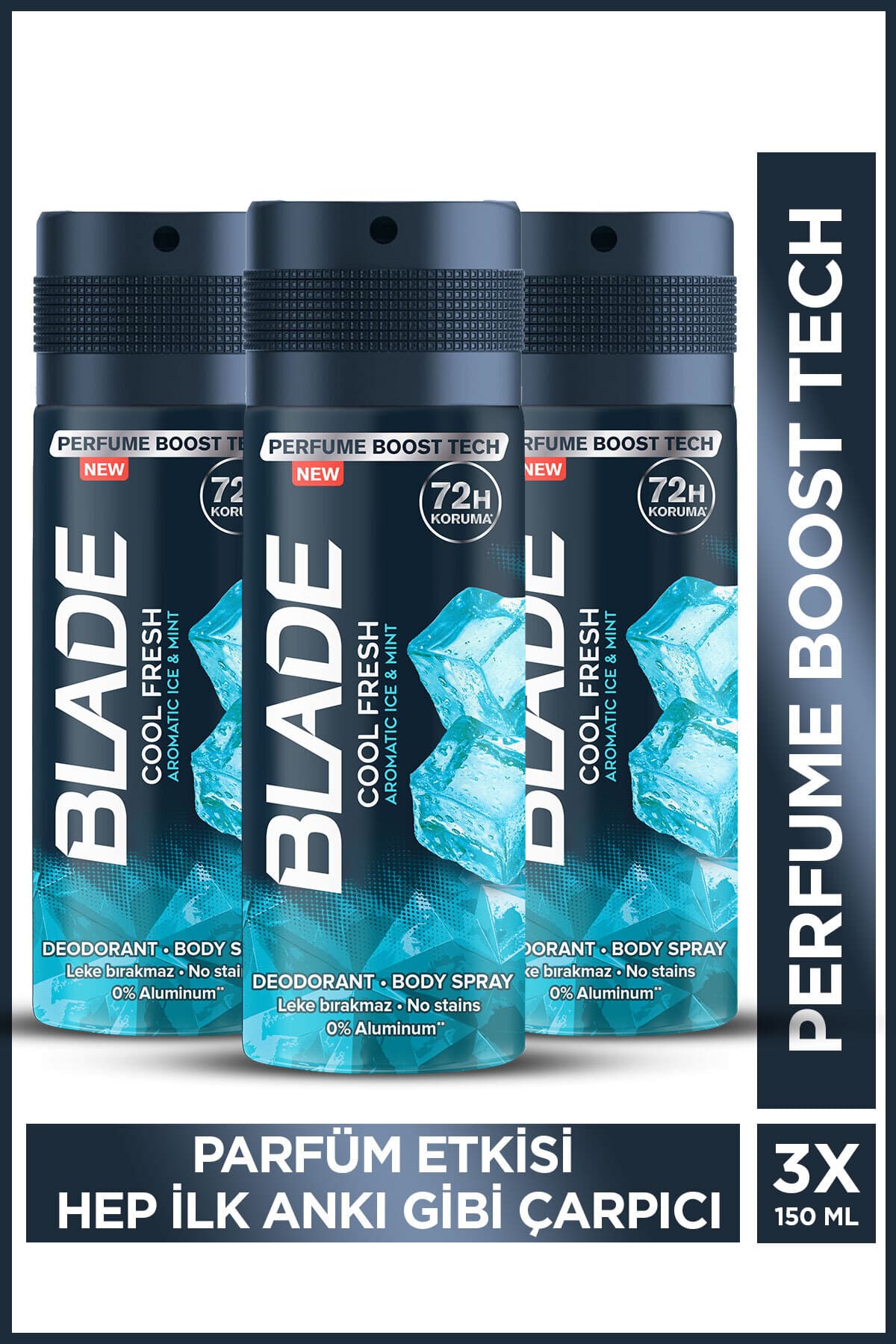 Blade Cool Fresh Erkek Alüminyumsuz Deodorant Body Spray 3x150ml Hızlı Kurur,Leke Bırakmaz