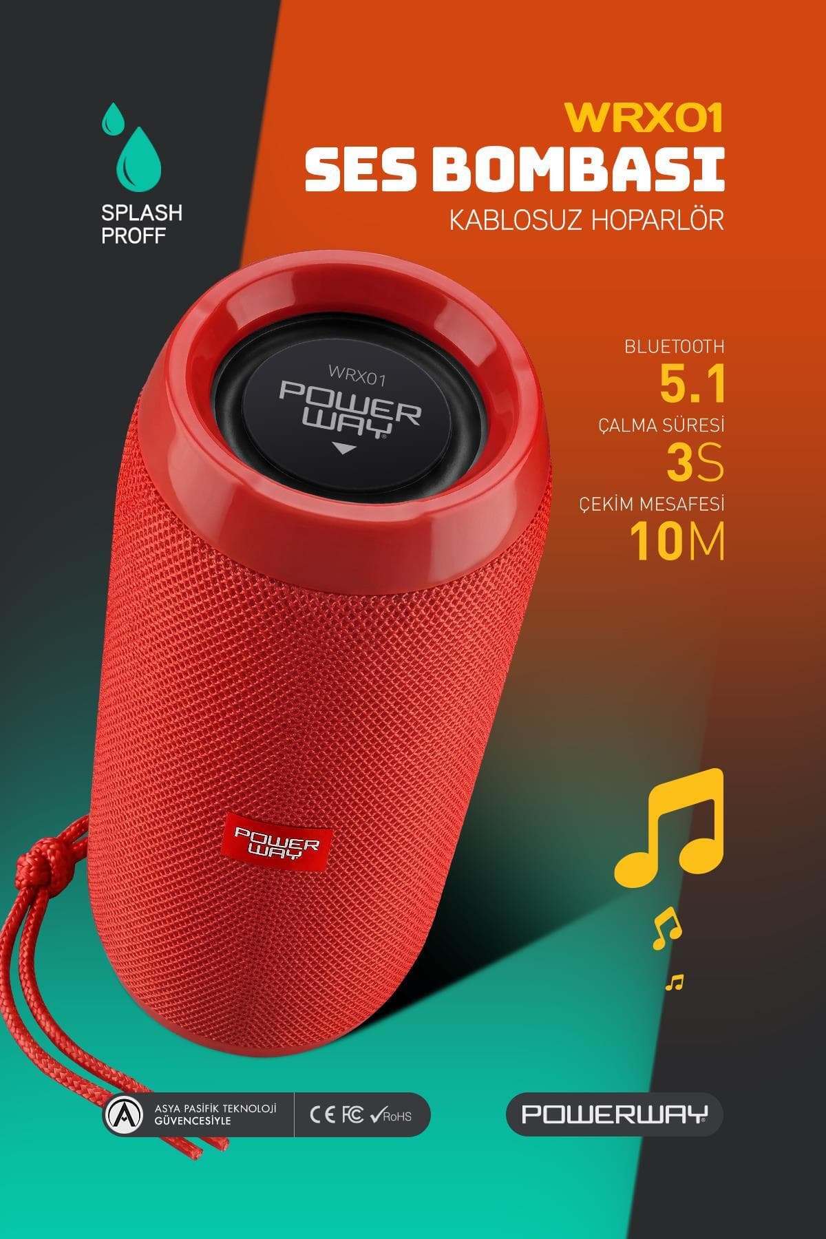 Powerway WRX01 90 dB SD Kart Aux Usb Girişli Kırmızı Kablosuz Bluetooth Speaker Hoparlör Ses Bombası FM Radyo