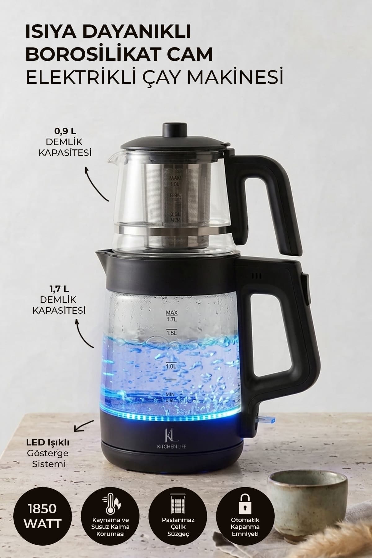 Kitchen Life Demzade Isıya Dayanıklı Borosilikat Cam Elektrikli Çay Makinesi Alt 1,7 LT Üst 0,9 LT 1850-2200 W Kettle Çaycı Çay Seti