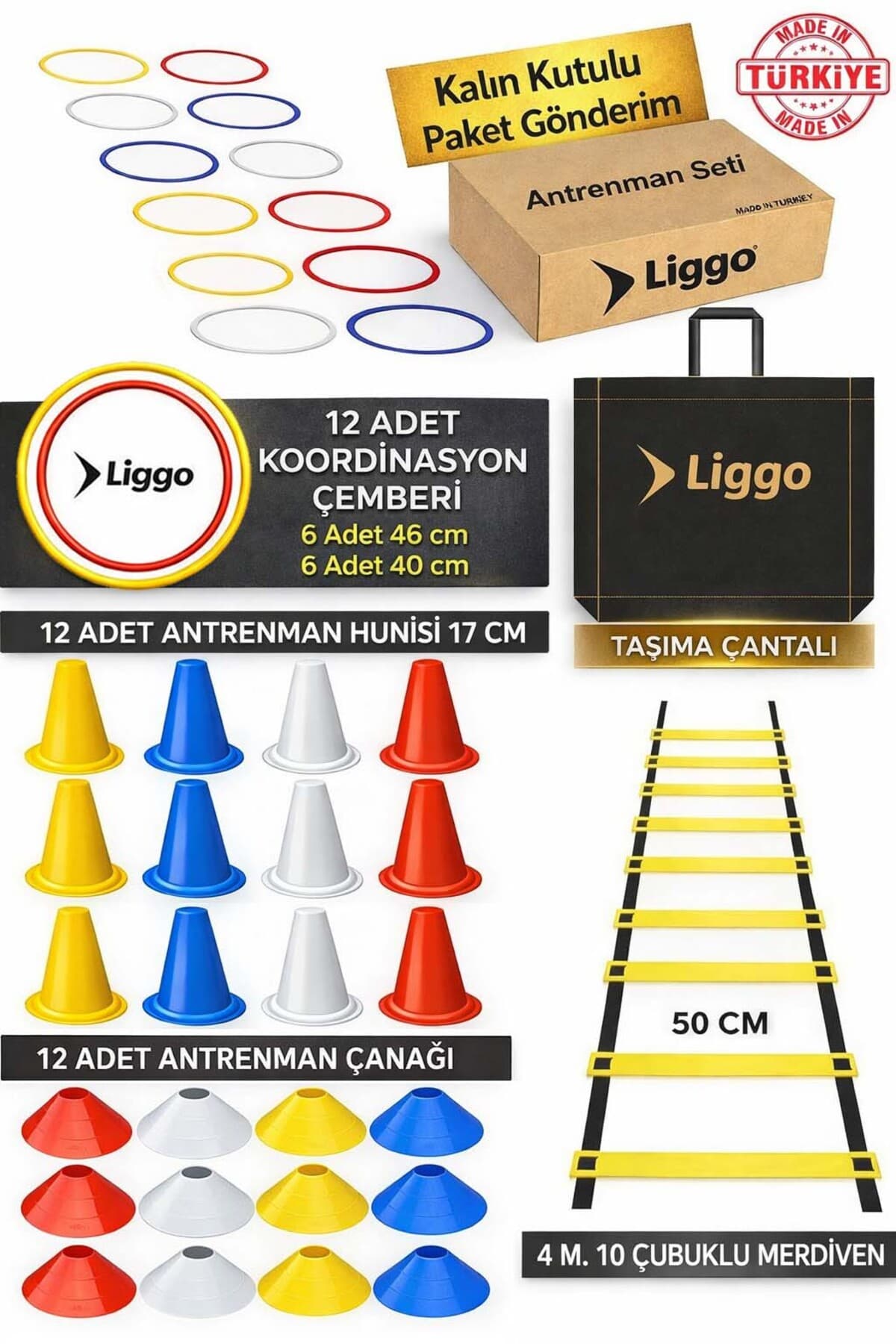 Liggo Antrenman Seti 4m Merdiven 12li Huni 12li Çanak 12li Koordinasyon Çemberi Spor Eğitim Seti