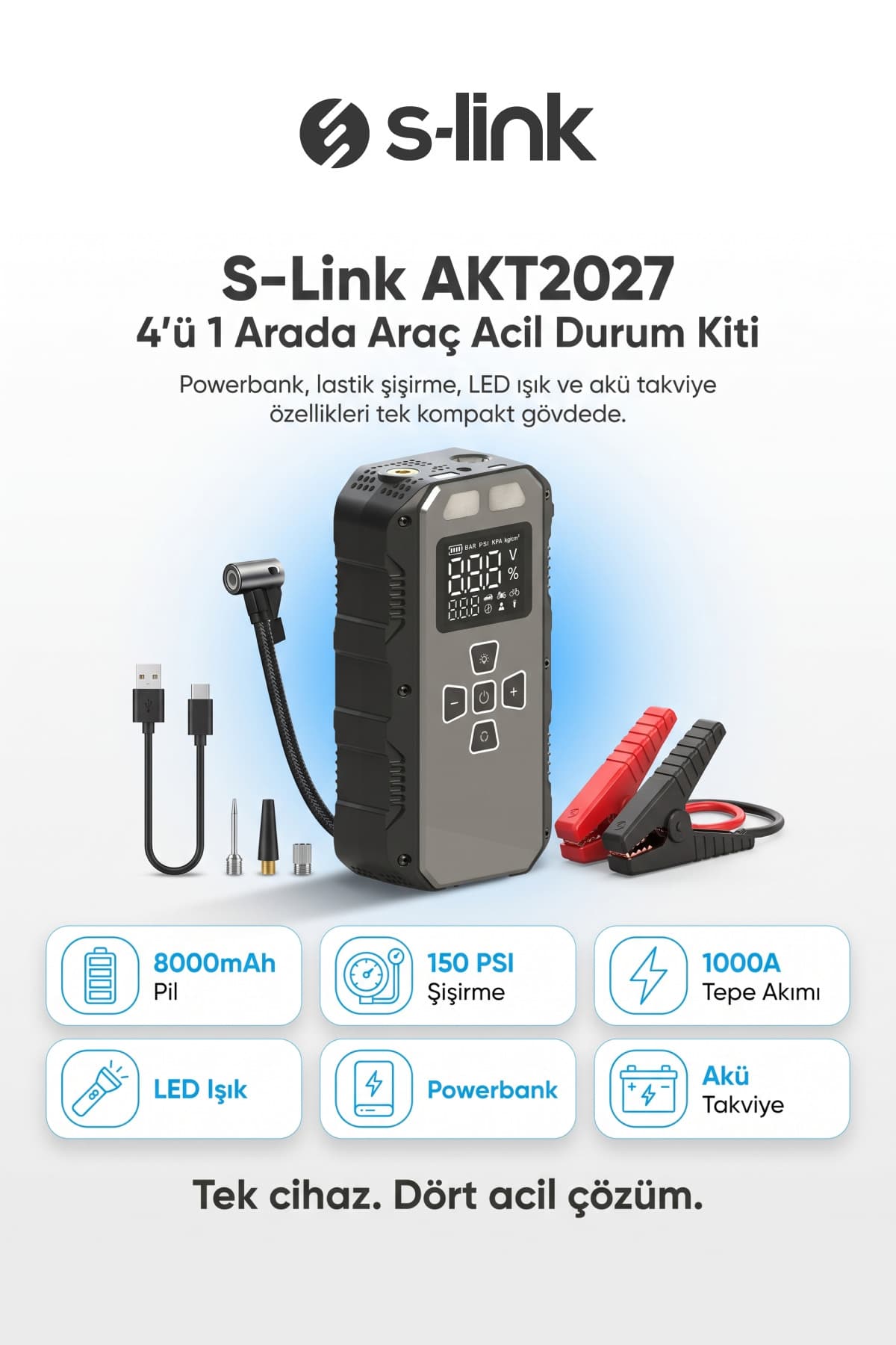 S-Link AKT2027 Koyu Gri 8000mAh 150 Psi 4 in1 Powerbank+ LED Işık Lastik Sisirme Ve Akü Takviye ciha