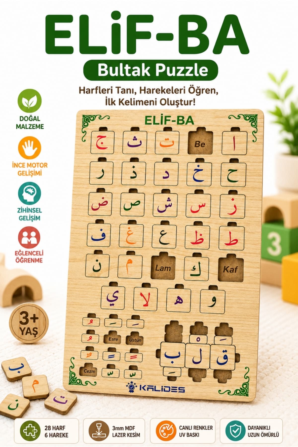 kalides Ahşap ElifBa Bultak Puzzle | Montessori Eğitim Oyuncağı | Harekeli Elif-Ba Öğrenme Seti | Bul Tak Yapboz