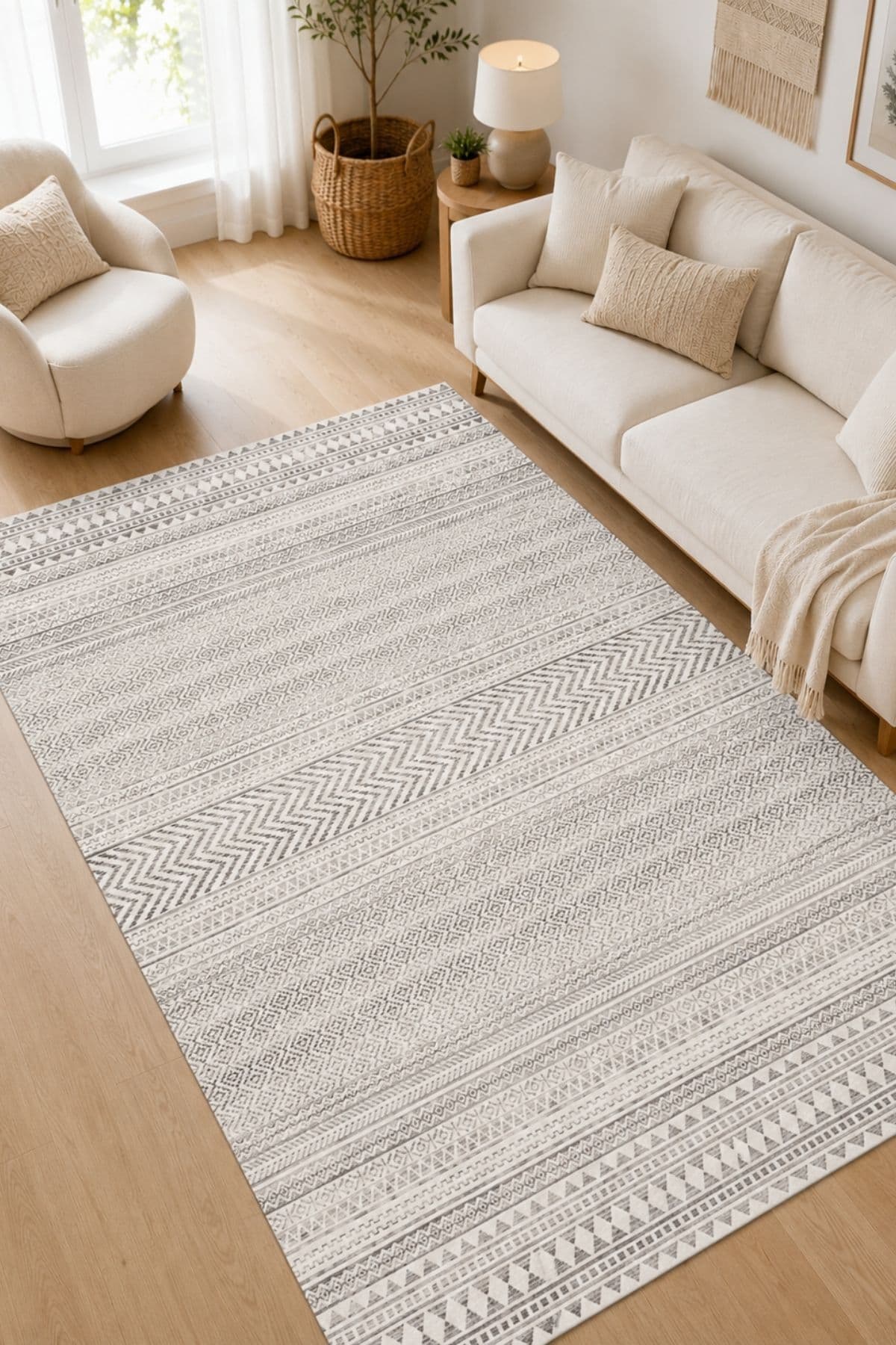 Serente Home İskandinav Desenli Yıkanabilir Kaymaz Taban Şönil Krem Mutfak Halısı 4045