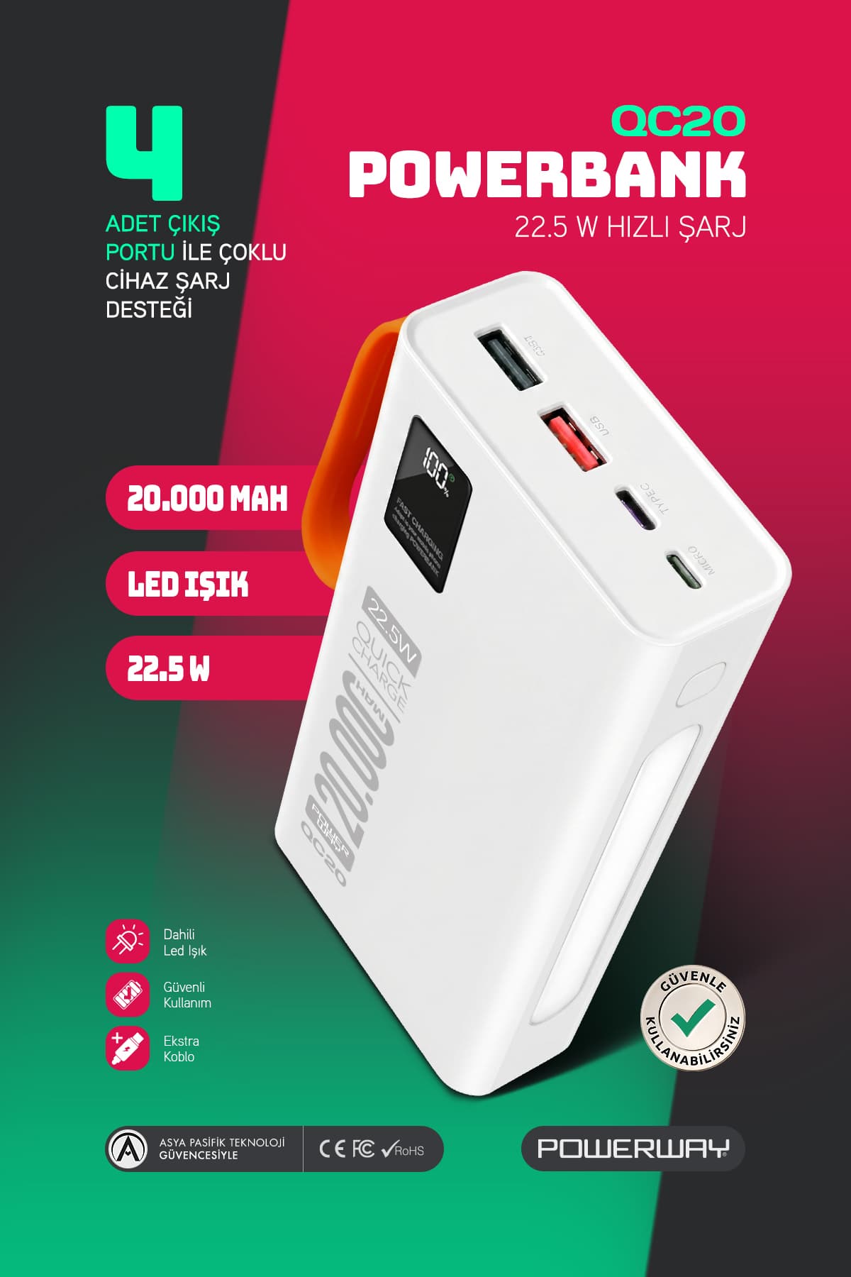 Powerway 20.000 Mah Pd 22.5w Kablolu 3.0 Hızlı Şarj Gerçek 20.000 Mah Garantili Işıklı Qc20 Beyaz Powerbank