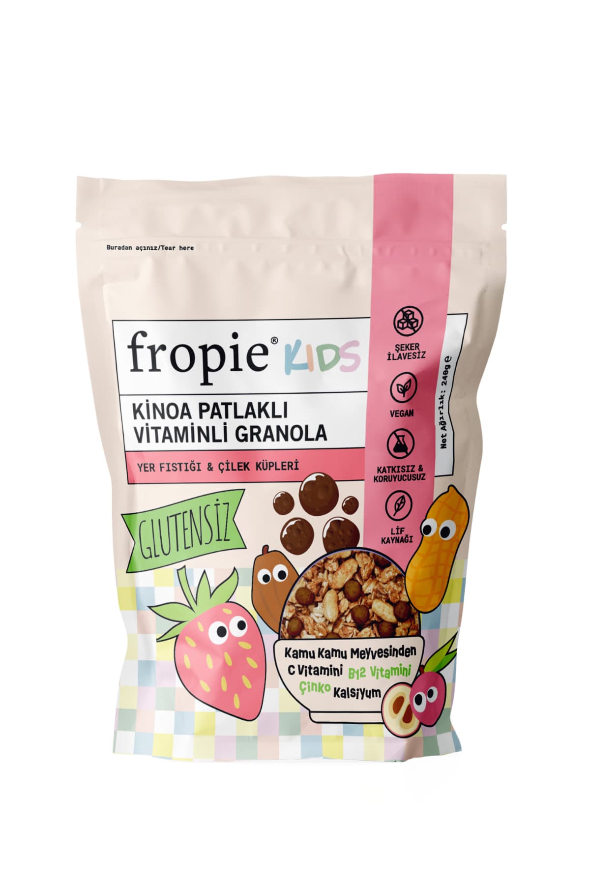 Fropie Kids Granola - Yer Fıstığı & Çilek Küpleri 240Gr