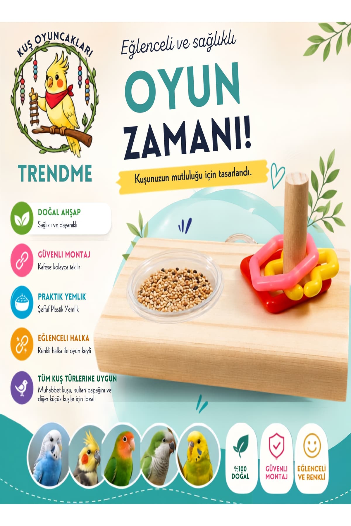 UniqBirdToys Trendme Doğal Ahşap Oyun Halkalı Kuş Yemliği Oyuncağı