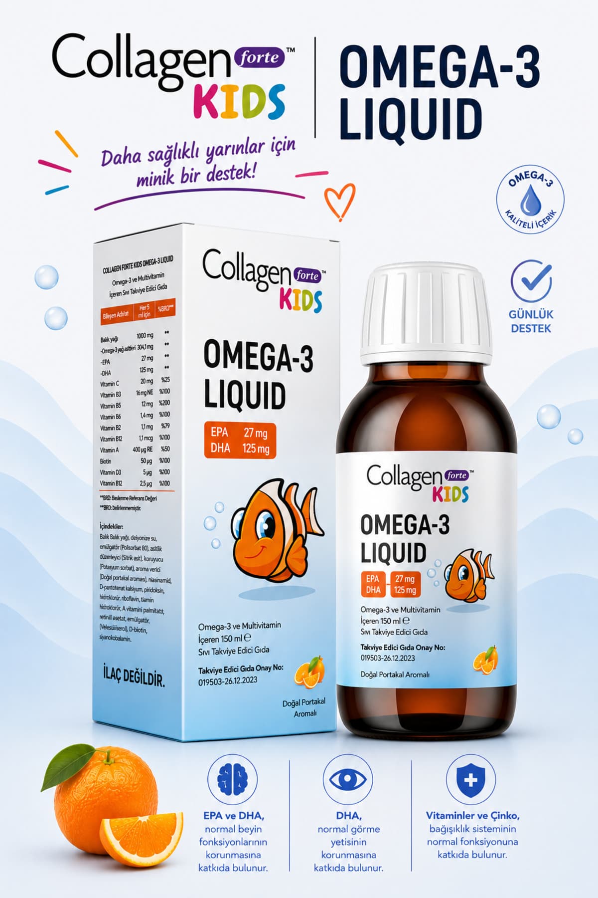 Collagen Forte Platinum Omega-3 Kids Liquid & Multivitamin 150ml Çocuklar Için Portakal Aromalı Sıvı Balık Yağı