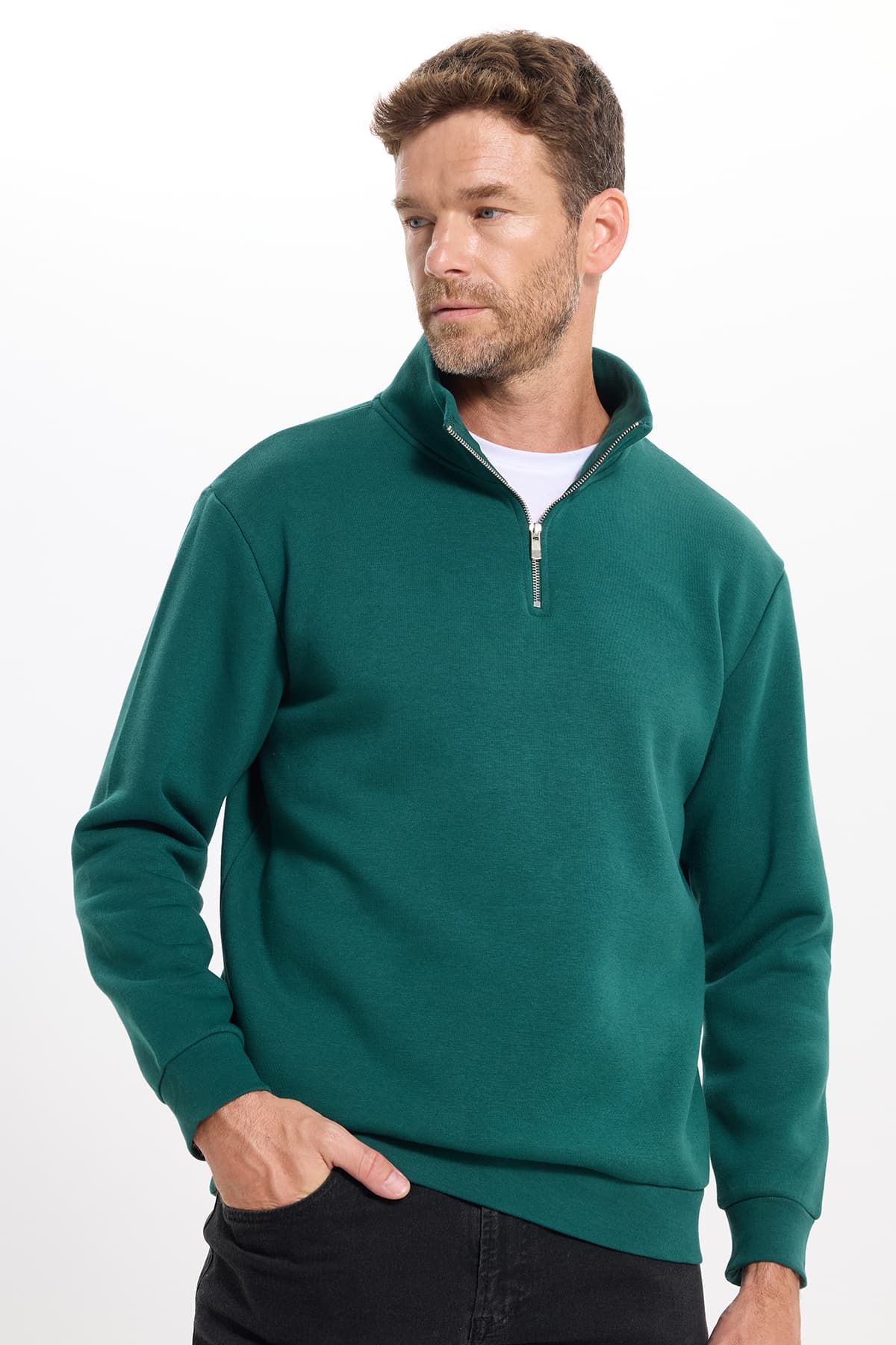 Tudors Unisex Relax Fit Rahat Kesim Pamuklu Içi Polarlı Yarım Fermuarlı Haki Dik Yaka Sweatshirt