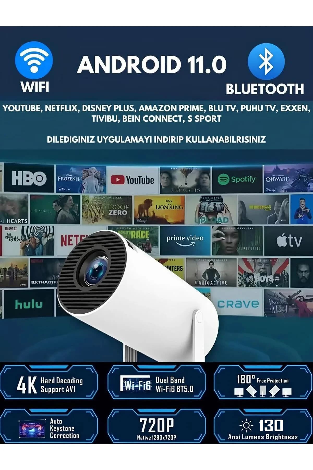 Genel Markalar Taşınabilir Sinema Projektörü Ev Sineması Bluetooth Android 11 Projeksiyon Cihazı