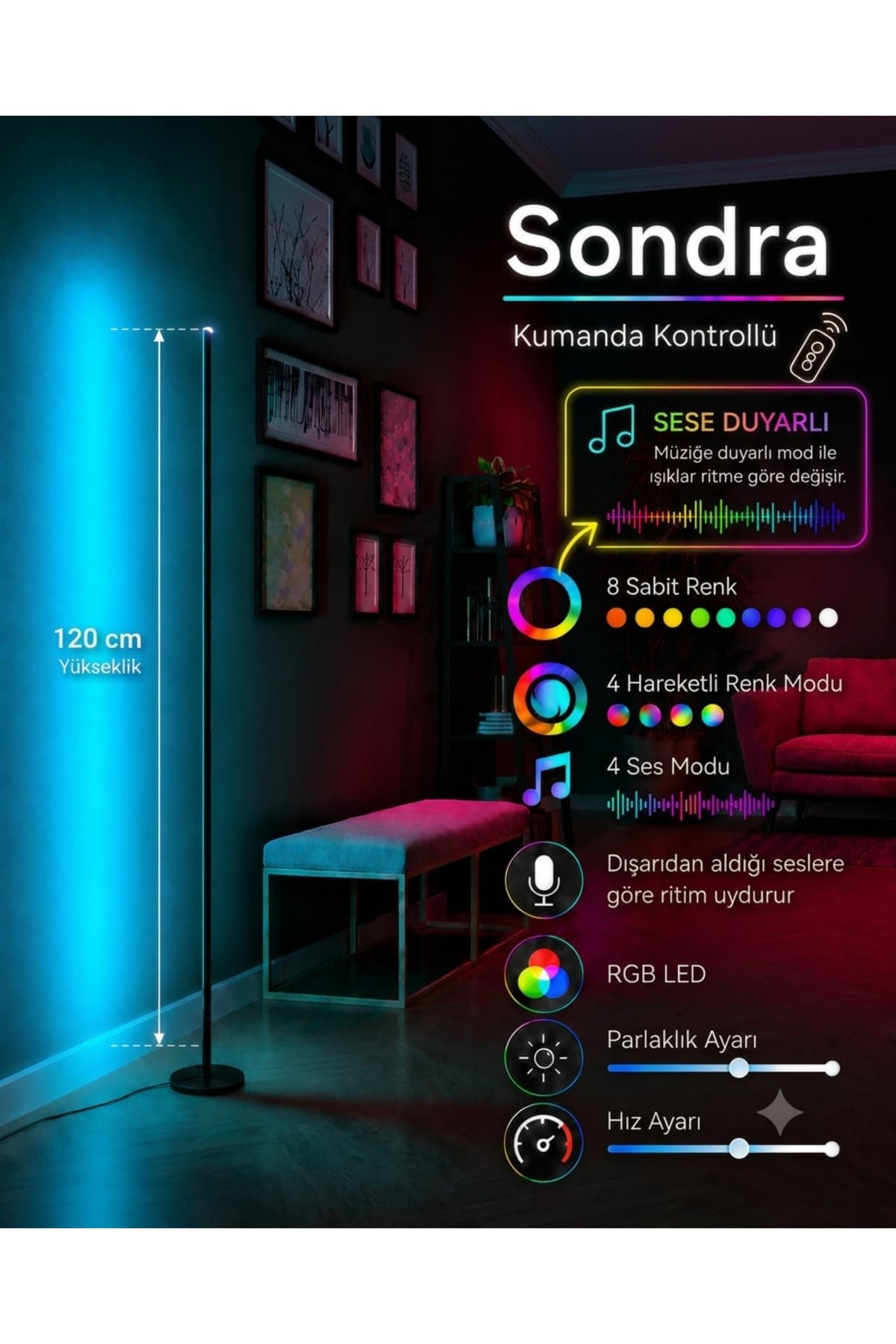 neeko Sondra Sese Ve Müziğe Duyarlı - Kumandalı Oda Aydınlatma Sistemi Full Rgb - Kumandalı 120 Cm