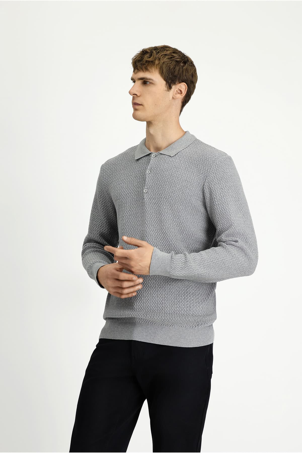Kiğılı Polo Yaka Regular Fit Desenli Pamuklu Triko Kazak