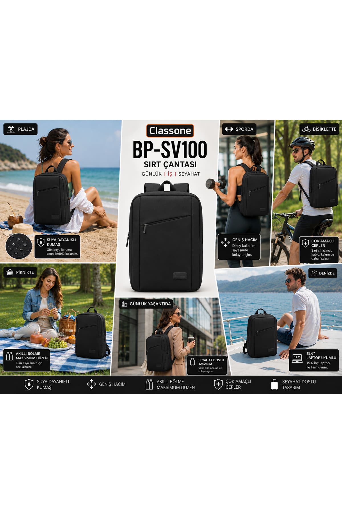 Classone Savona Serisi Bp-Sv100 Wtx Pro Su Geçirmez Kumaş ,15.6? Laptop Sırt Çantası - Siyah