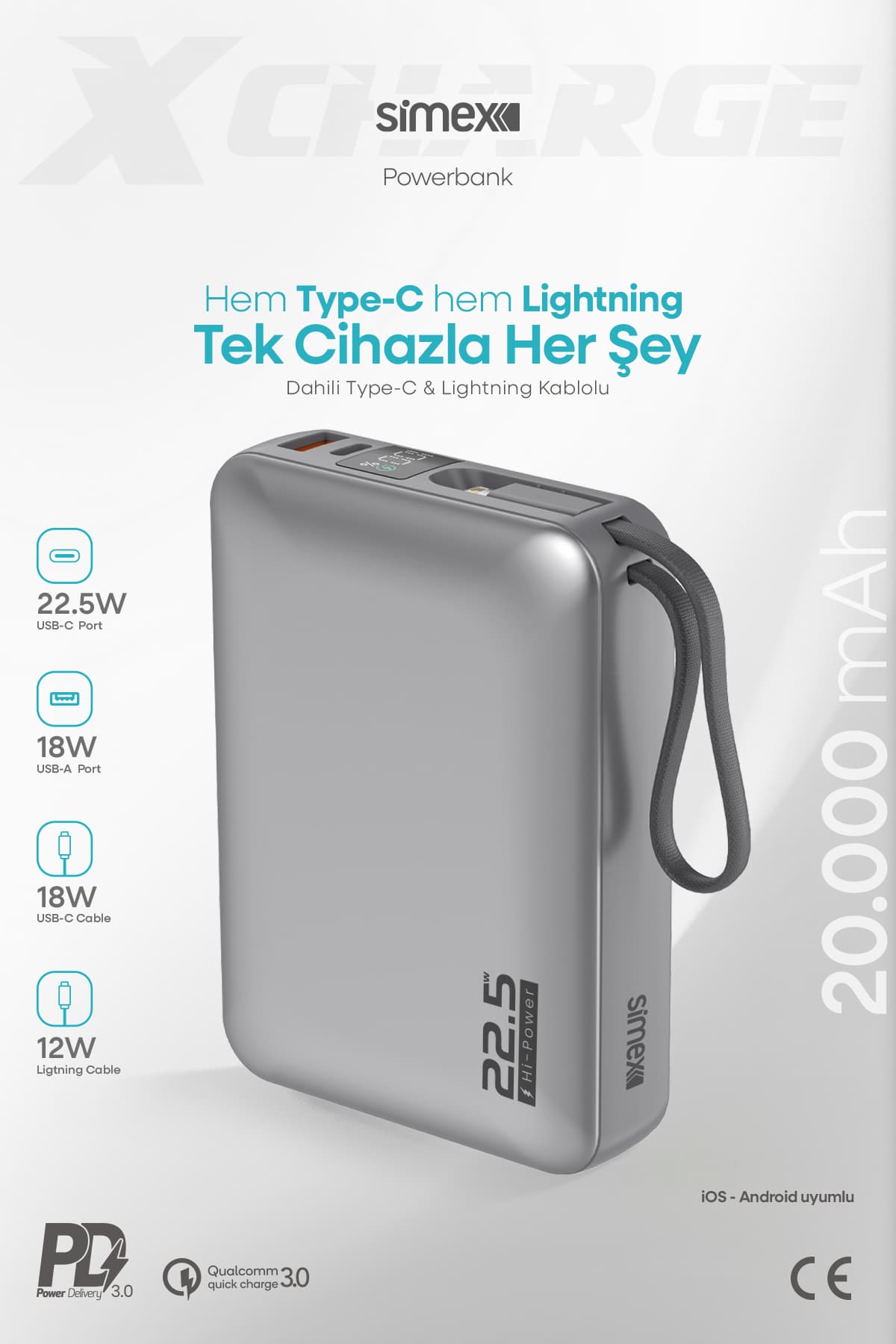 Simex 20.000 mAh 22.5W Hızlı Şarj PD Powerbank Kendinden Kablolu ve Dijital Göstergeli Taşınabilir Cihazı