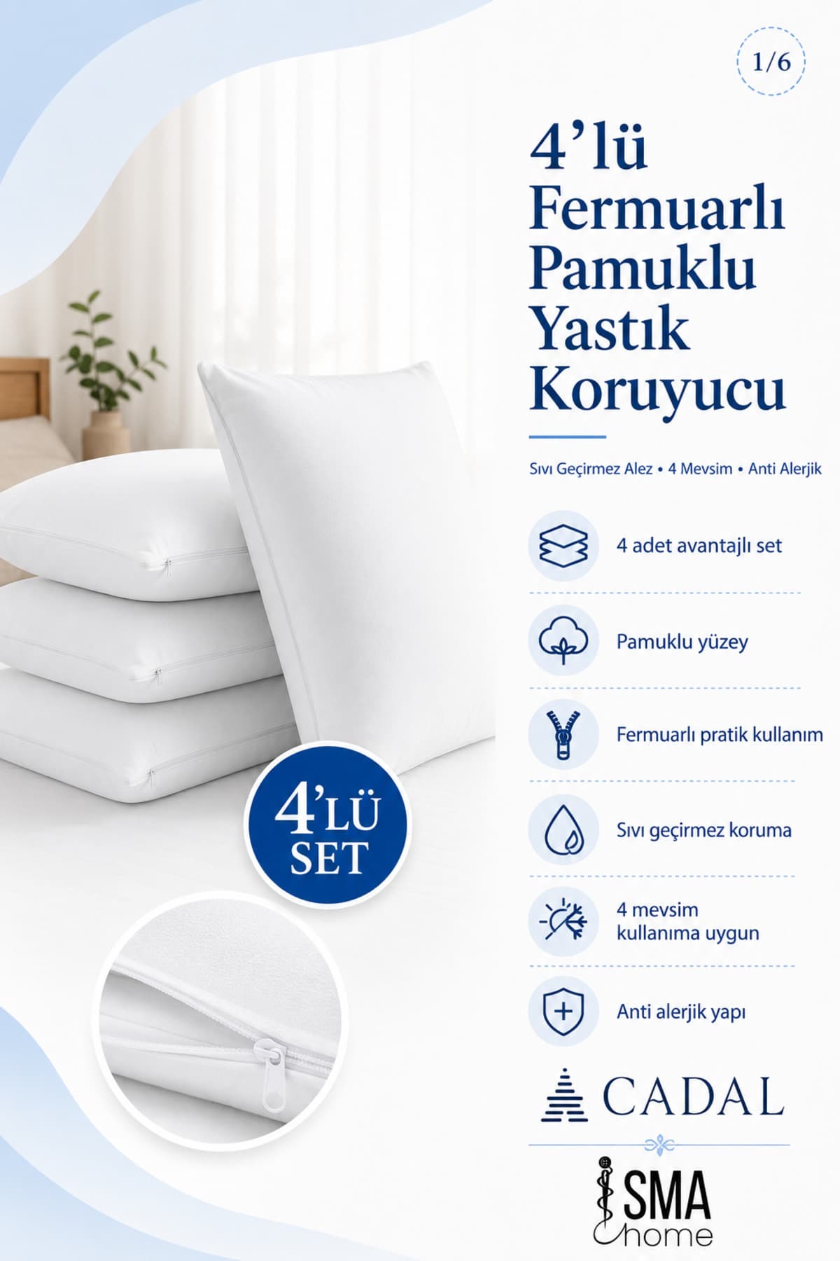 Infinity Fermuarlı Pamuklu Yastık Koruyucu 4 Adet | Sıvı Geçirmez Alez | 4 Mevsim | Anti Alerjik
