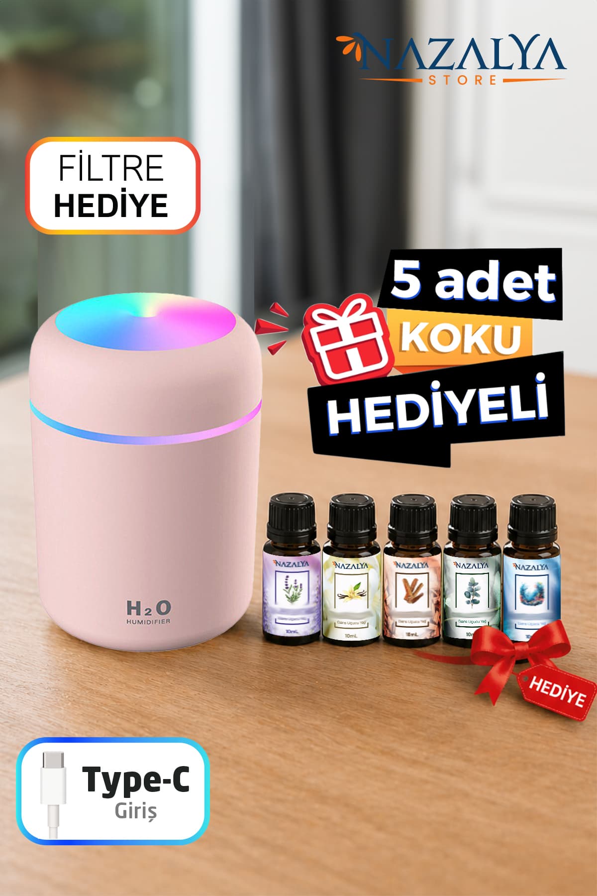 Nazalya +5 Adet Koku Hediyeli Ultrasonik Oda ve Araç Hava Nemlendirici Buhar Makinesi Ve Aroma Difüzörü Koku