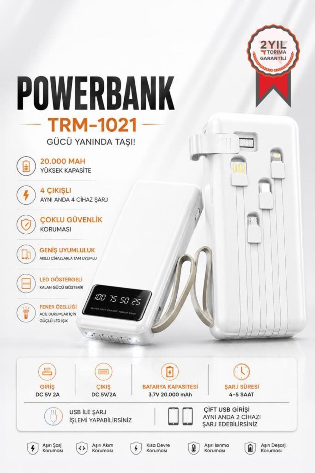 Torima Taşınabilir Batarya 20000 Mah Ledli 4 Çıkışlı Powerbank Trm-1021 Beyaz